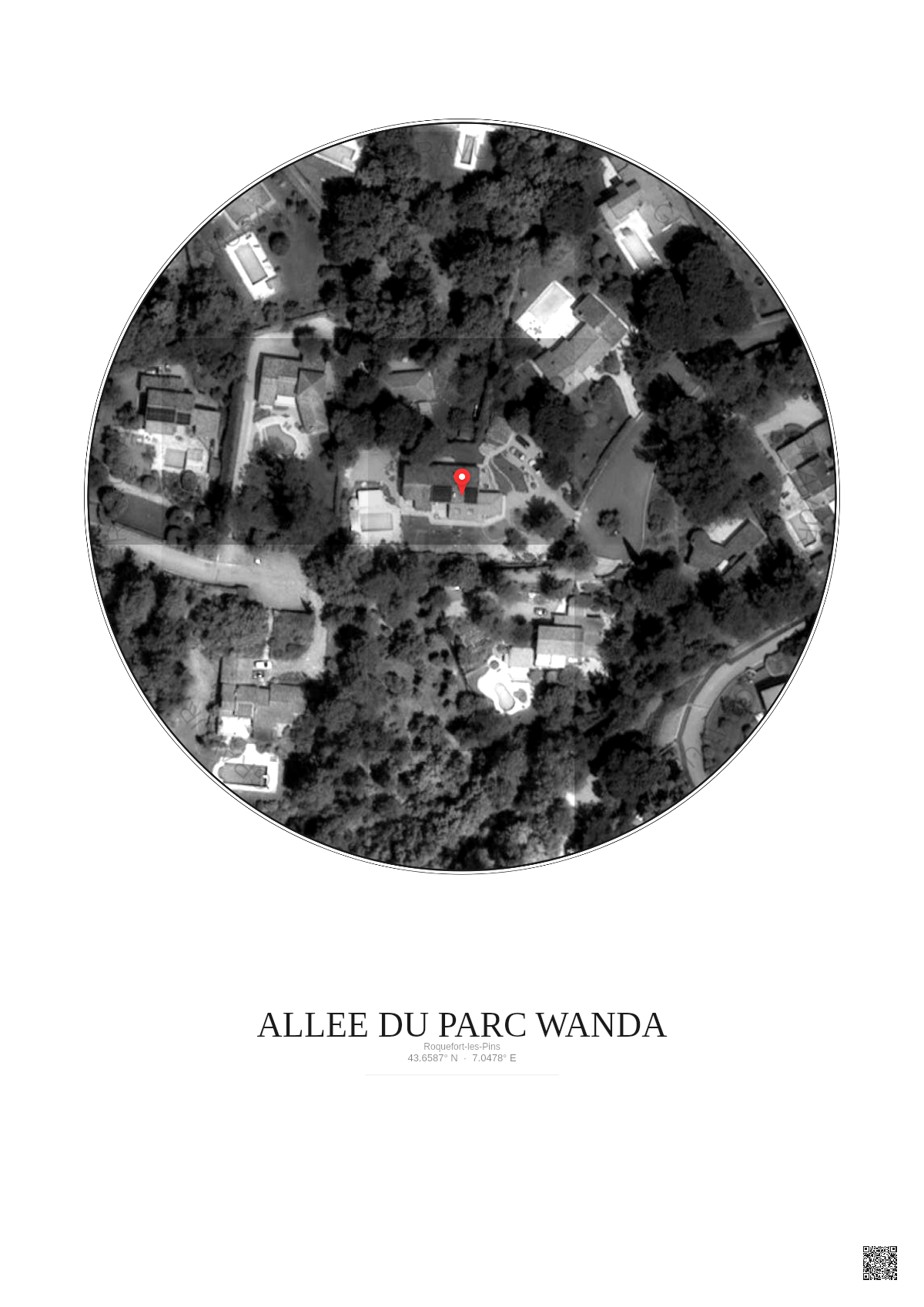 Affiche Roquefort Les Pins – Poster vue satellite 0.1km N&B | Gravura – Fond clair