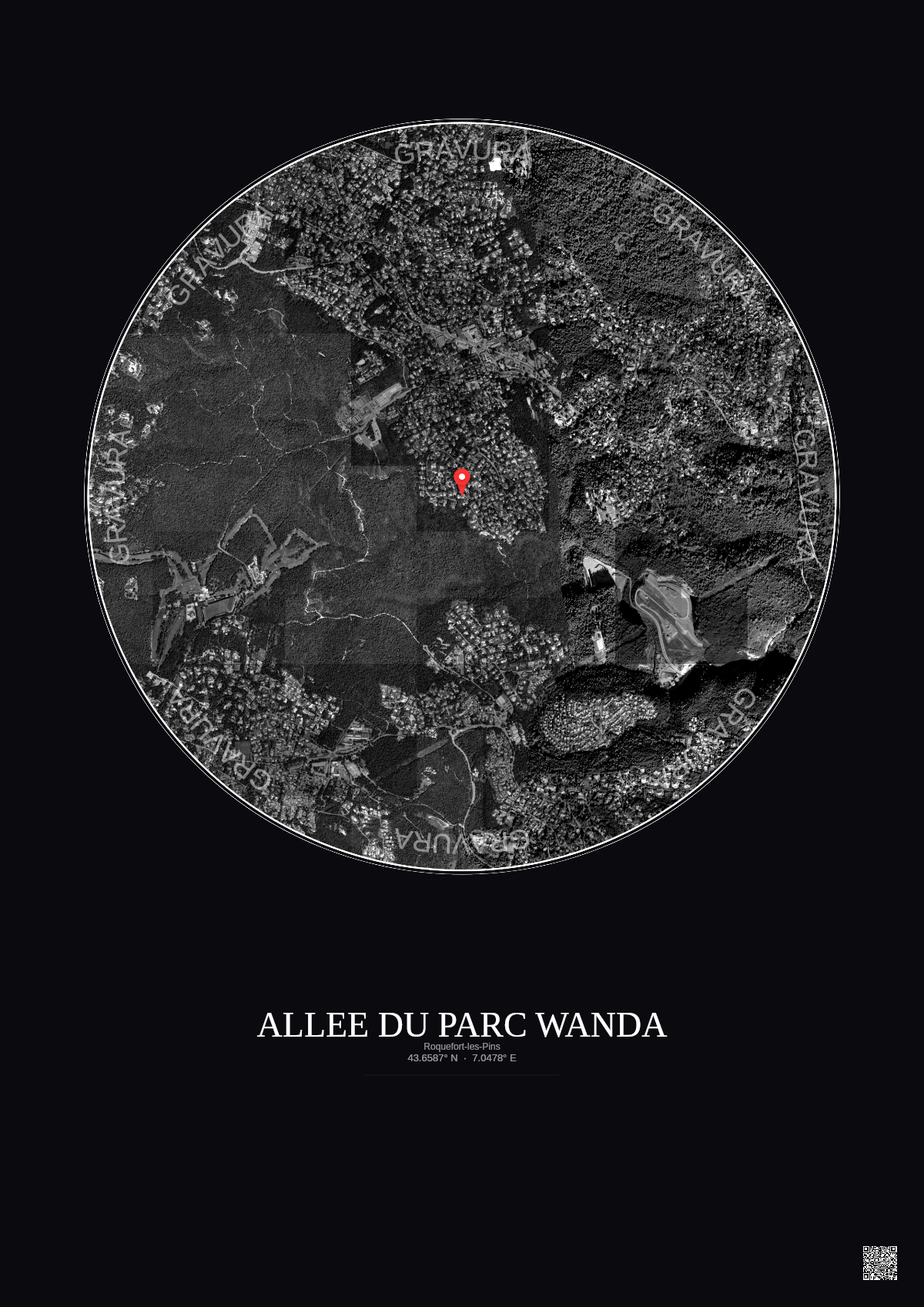 Affiche Roquefort Les Pins – Poster vue satellite 2.5km N&B | Gravura – Fond foncé