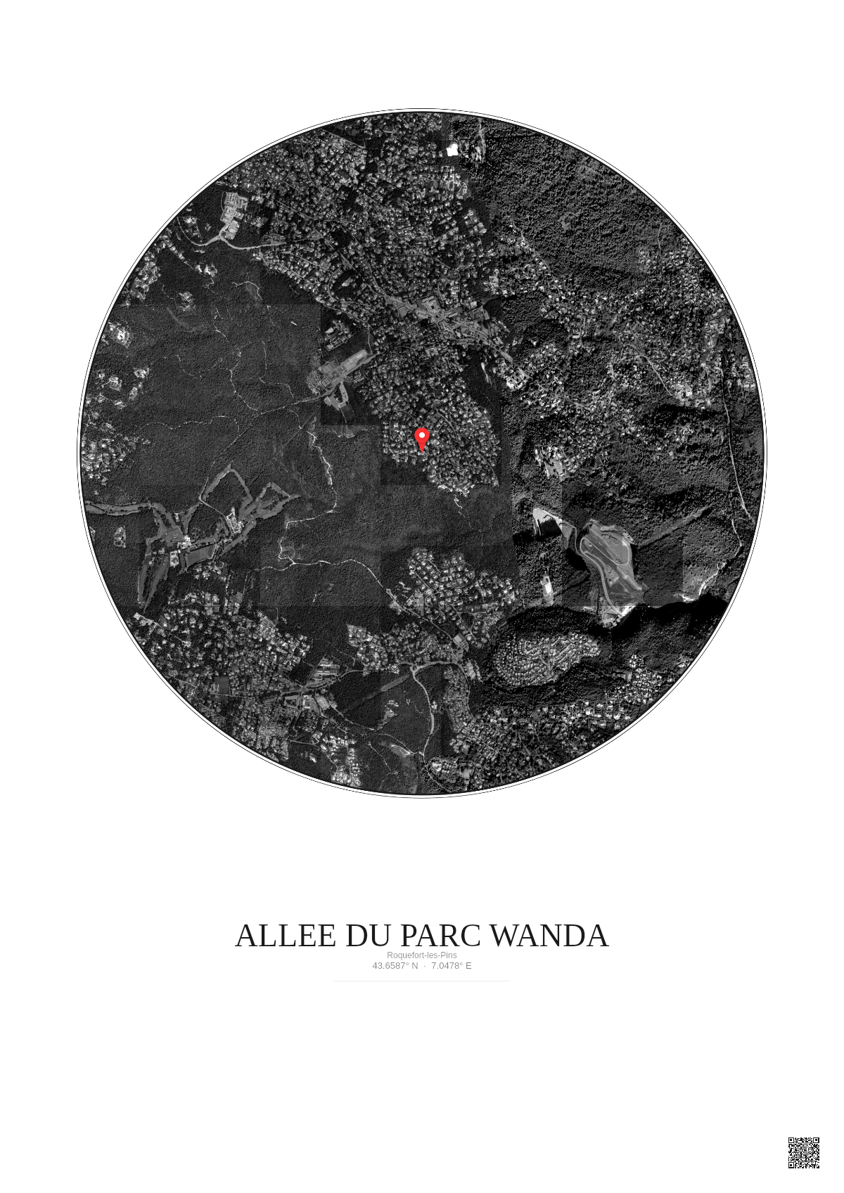 Affiche Roquefort Les Pins – Poster vue satellite 2.5km N&B | Gravura – Fond clair