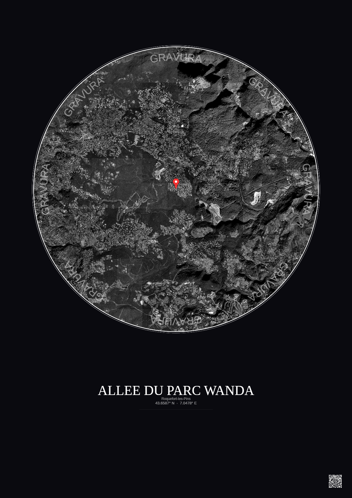 Affiche Roquefort Les Pins – Poster vue satellite 5km N&B | Gravura – Fond foncé