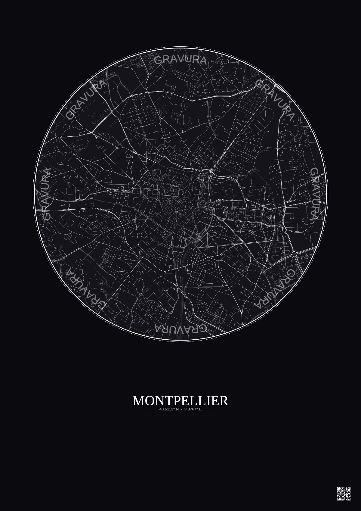 Affiche Montpellier – Poster carte de ville 2.5km | Gravura – Fond foncé