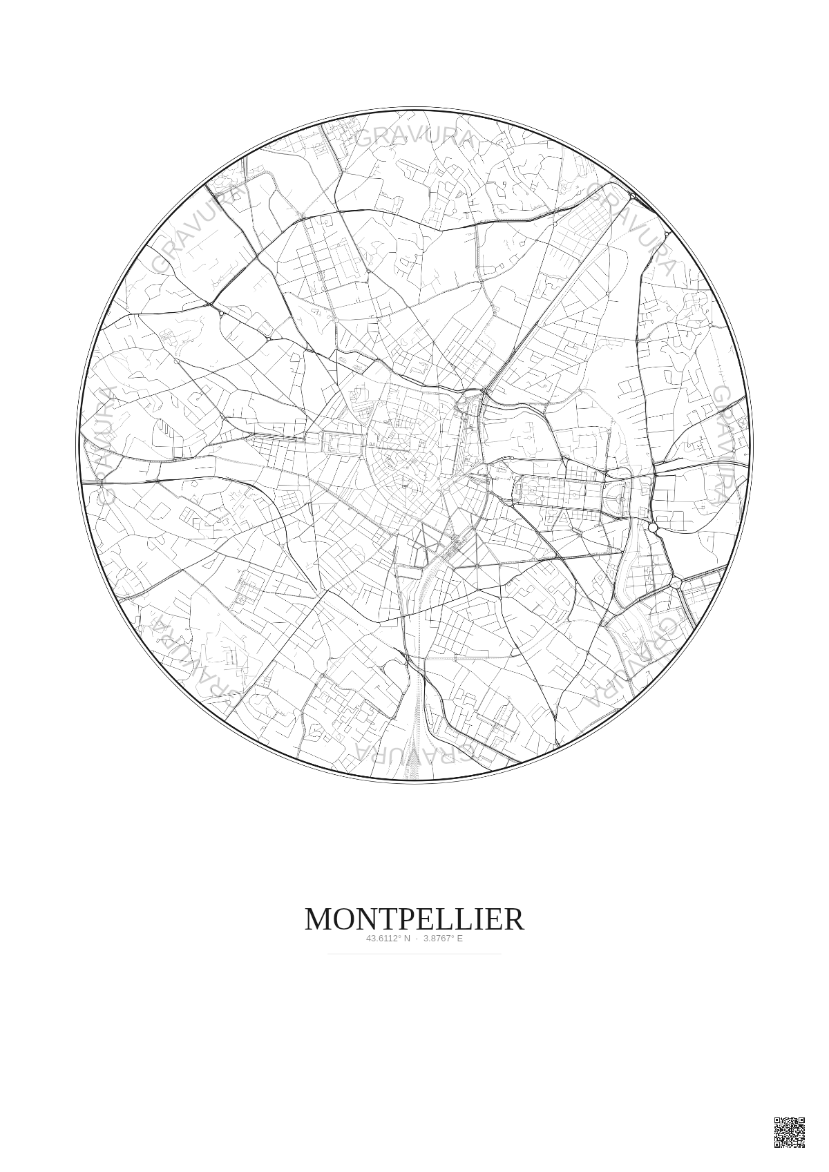 Affiche Montpellier – Poster carte de ville 2.5km | Gravura – Fond clair