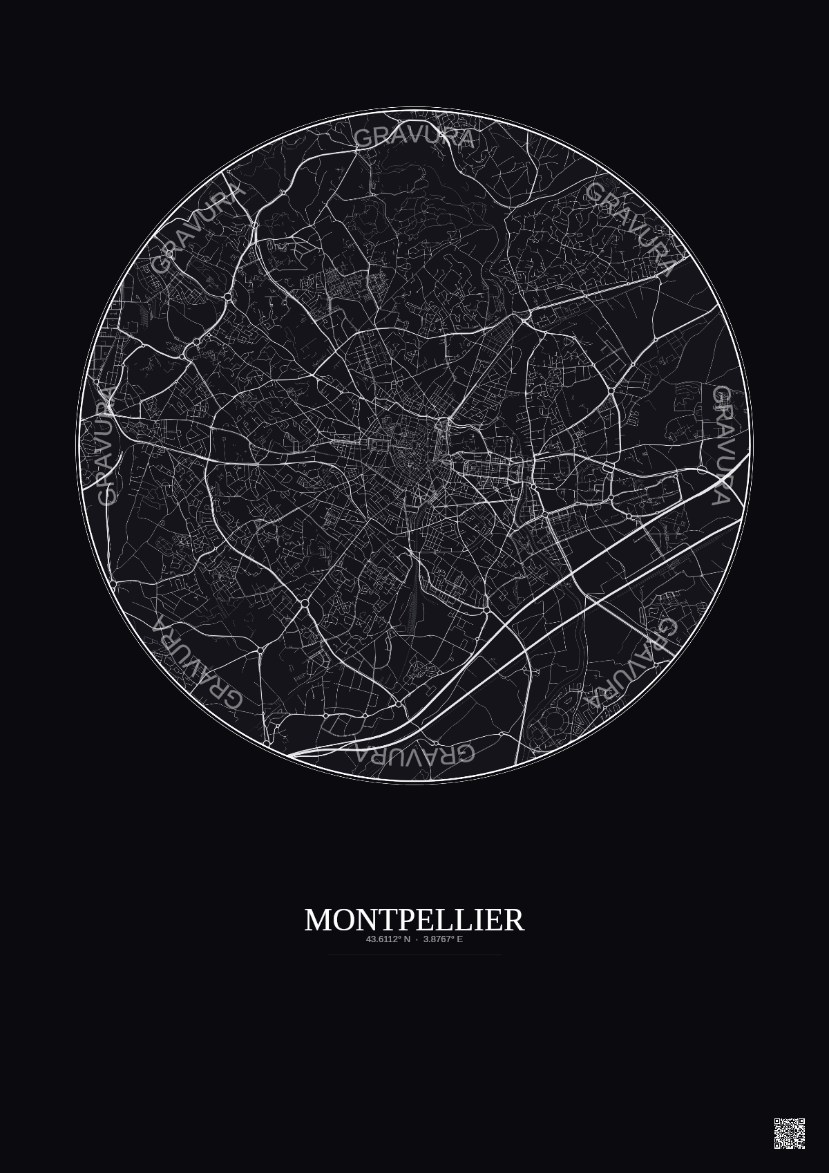 Affiche Montpellier – Poster carte de ville 5km | Gravura – Fond foncé