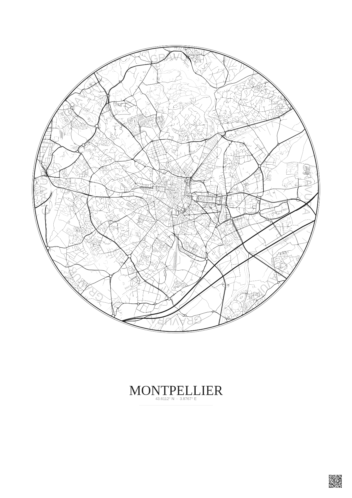 Affiche Montpellier – Poster carte de ville 5km | Gravura – Fond clair