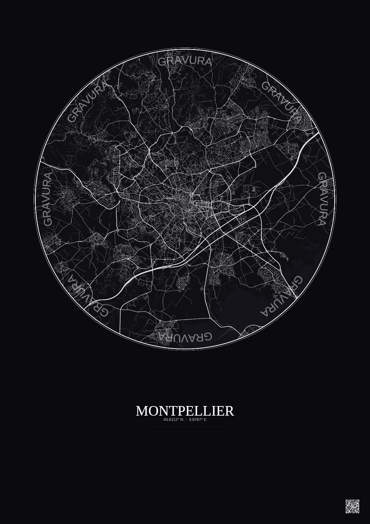 Affiche Montpellier – Poster carte de ville 10km | Gravura – Fond foncé