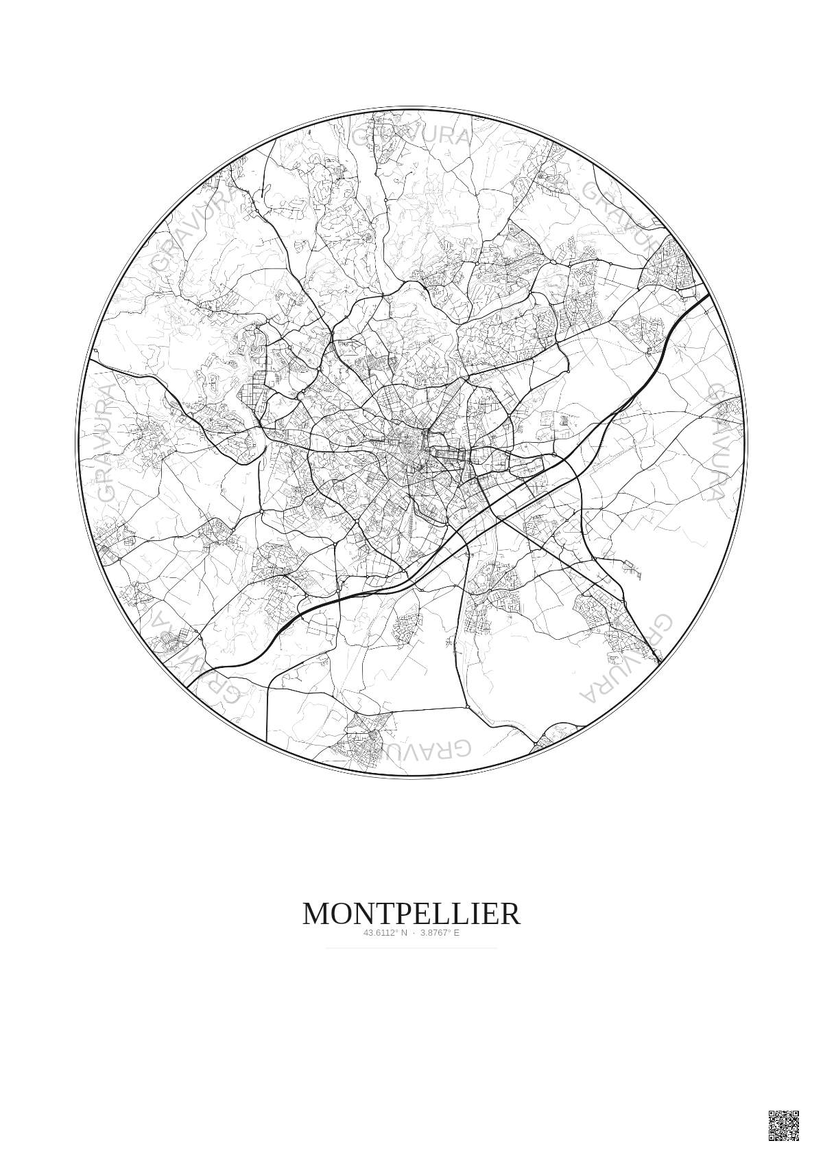 Affiche Montpellier – Poster carte de ville 10km | Gravura – Fond clair