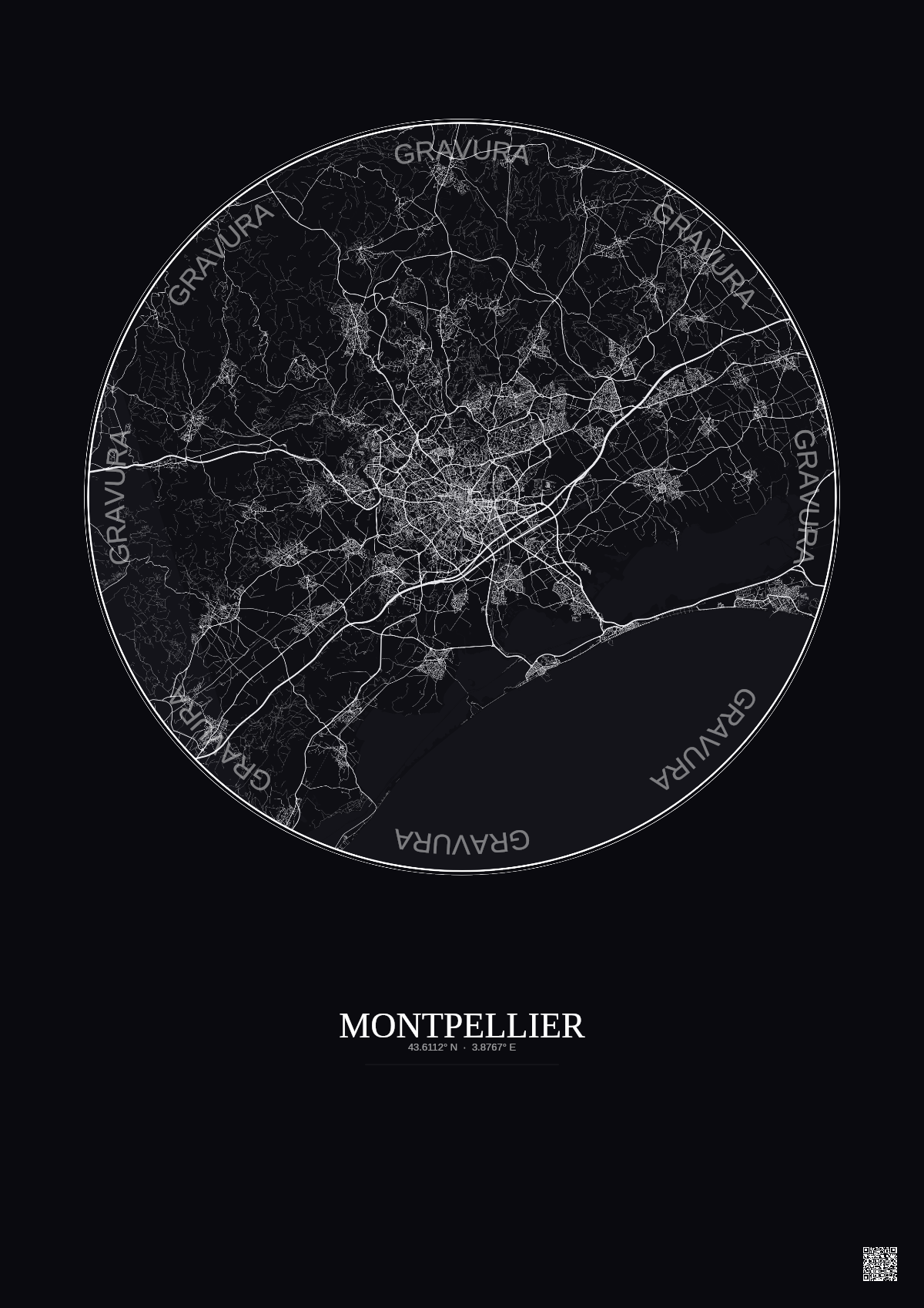 Affiche Montpellier – Poster carte de ville 20km | Gravura – Fond foncé