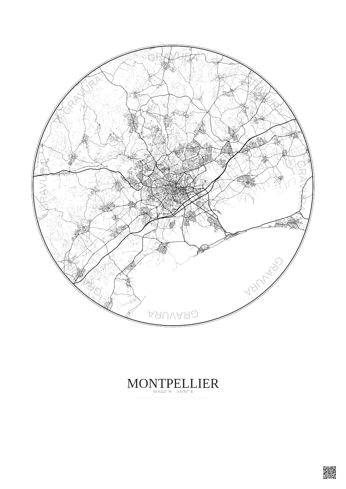 Affiche Montpellier – Poster carte de ville 20km | Gravura – Fond clair