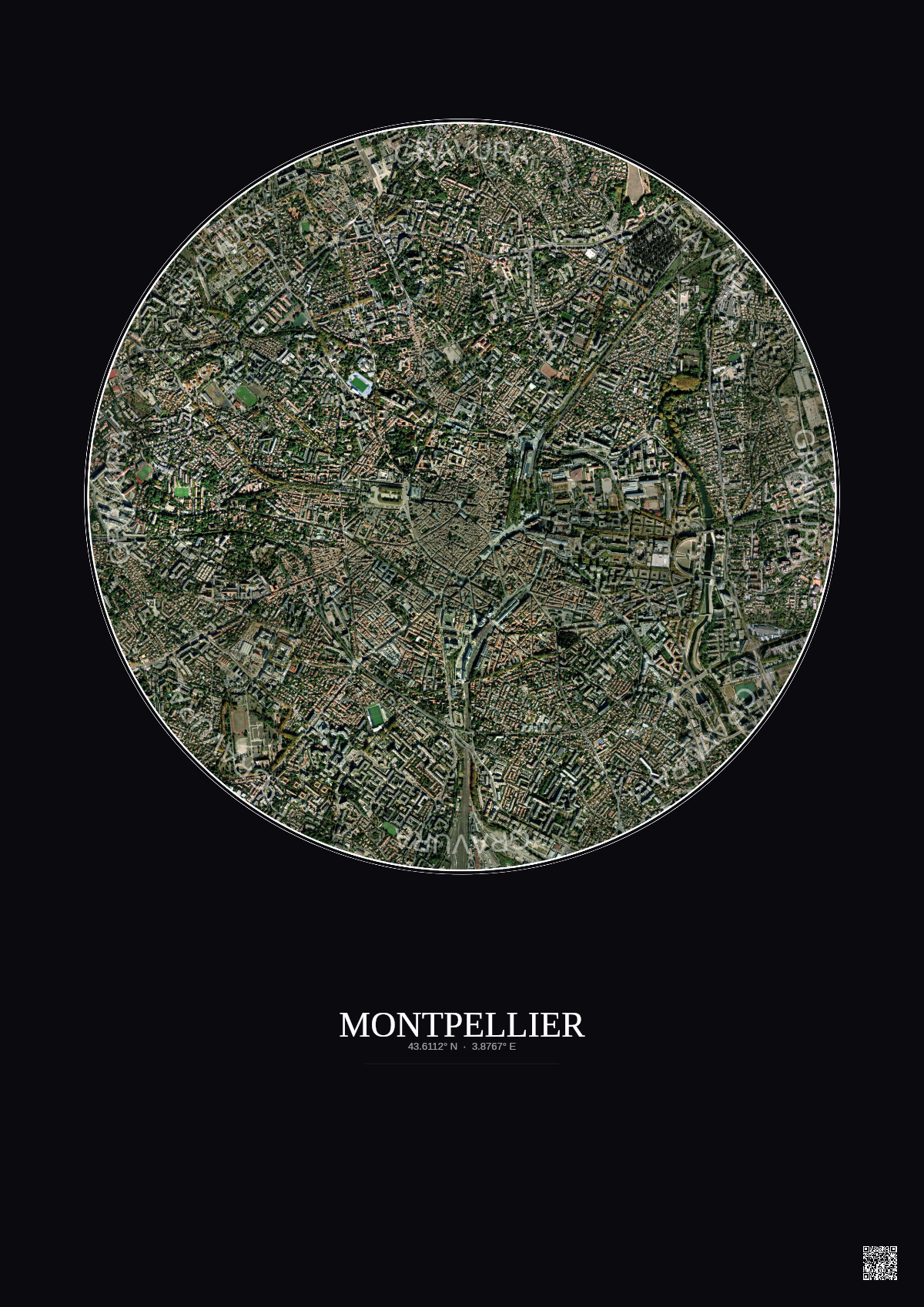 Affiche Montpellier – Poster vue satellite 2.5km Couleur | Gravura – Fond foncé