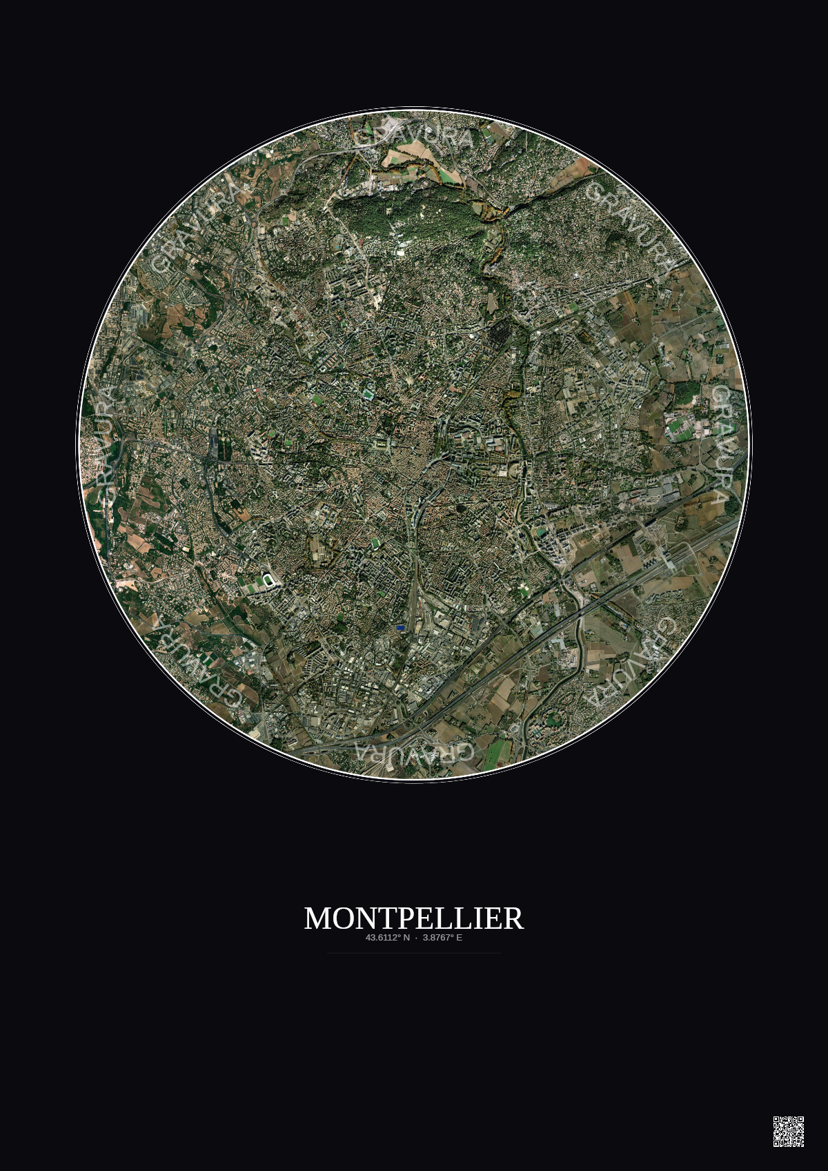 Affiche Montpellier – Poster vue satellite 5km Couleur | Gravura – Fond foncé