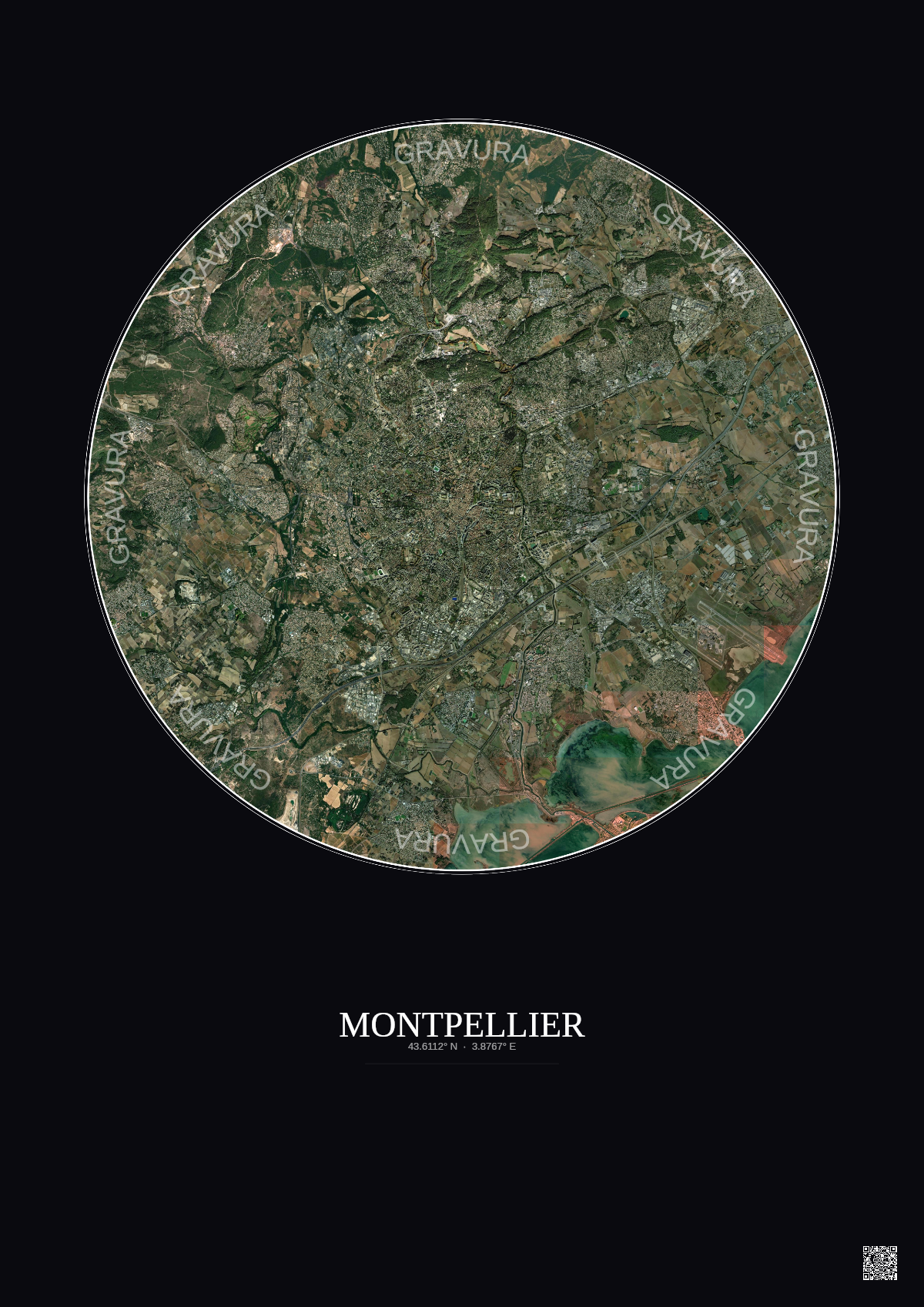 Affiche Montpellier – Poster vue satellite 10km Couleur | Gravura – Fond foncé