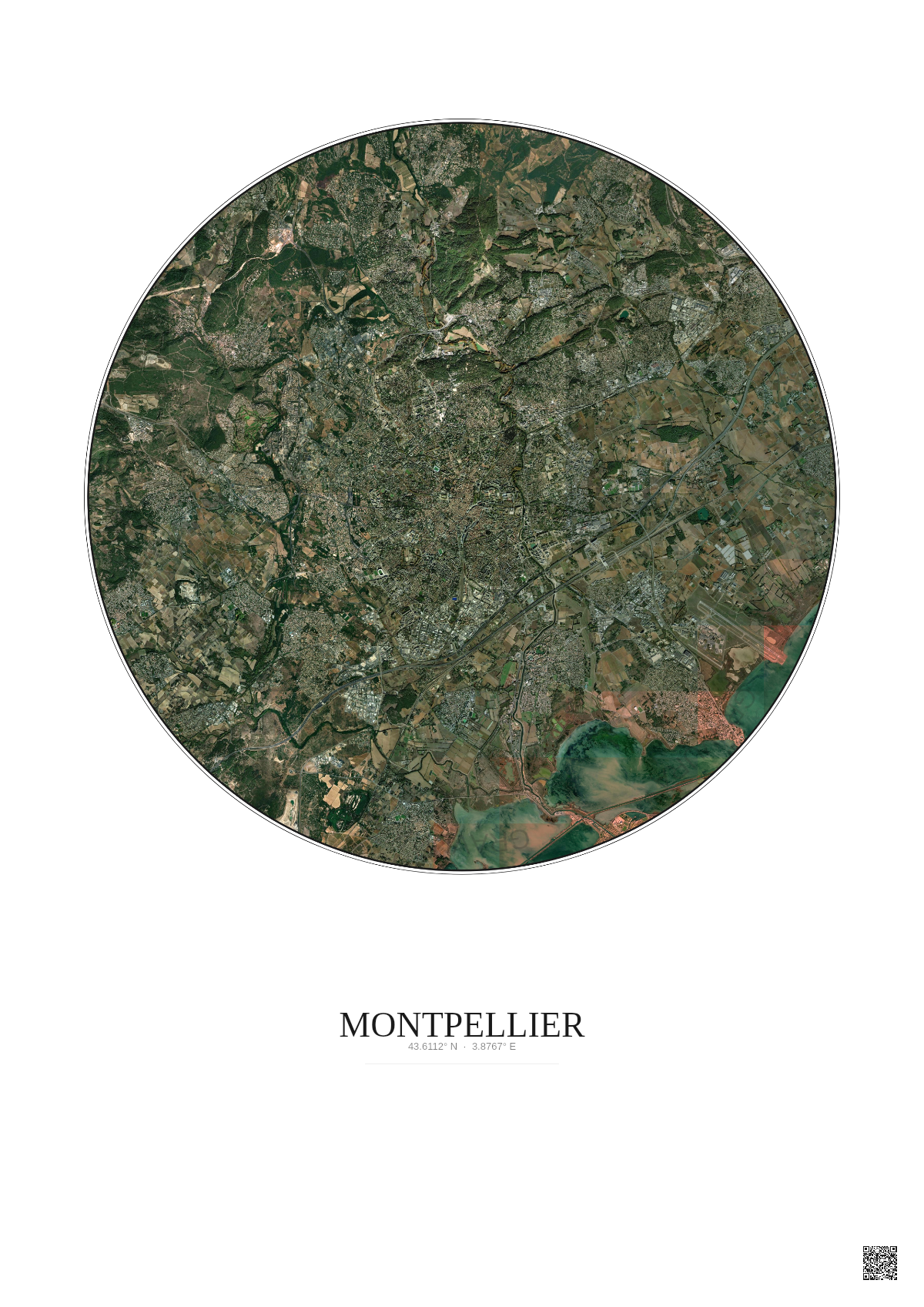 Affiche Montpellier – Poster vue satellite 10km Couleur | Gravura – Fond clair