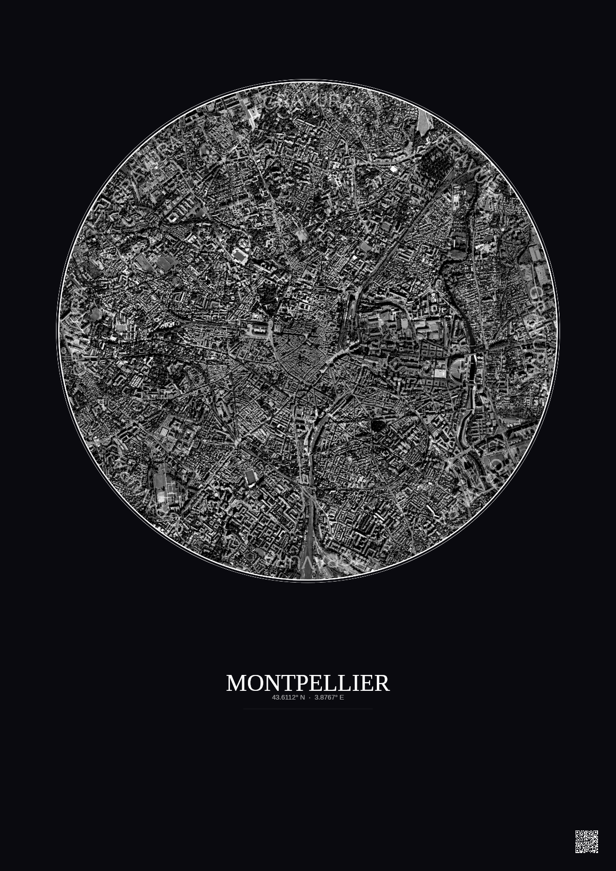 Affiche Montpellier – Poster vue satellite 2.5km N&B | Gravura – Fond foncé