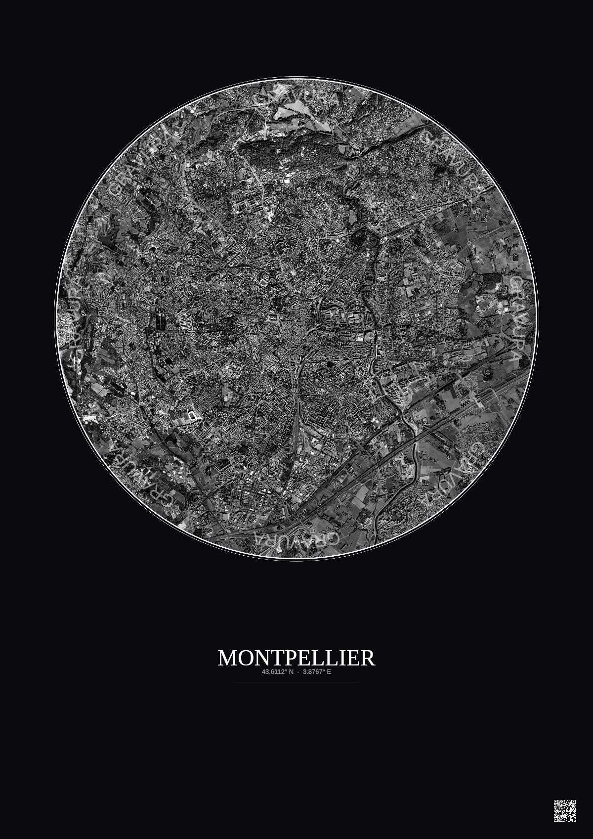 Affiche Montpellier – Poster vue satellite 5km N&B | Gravura – Fond foncé