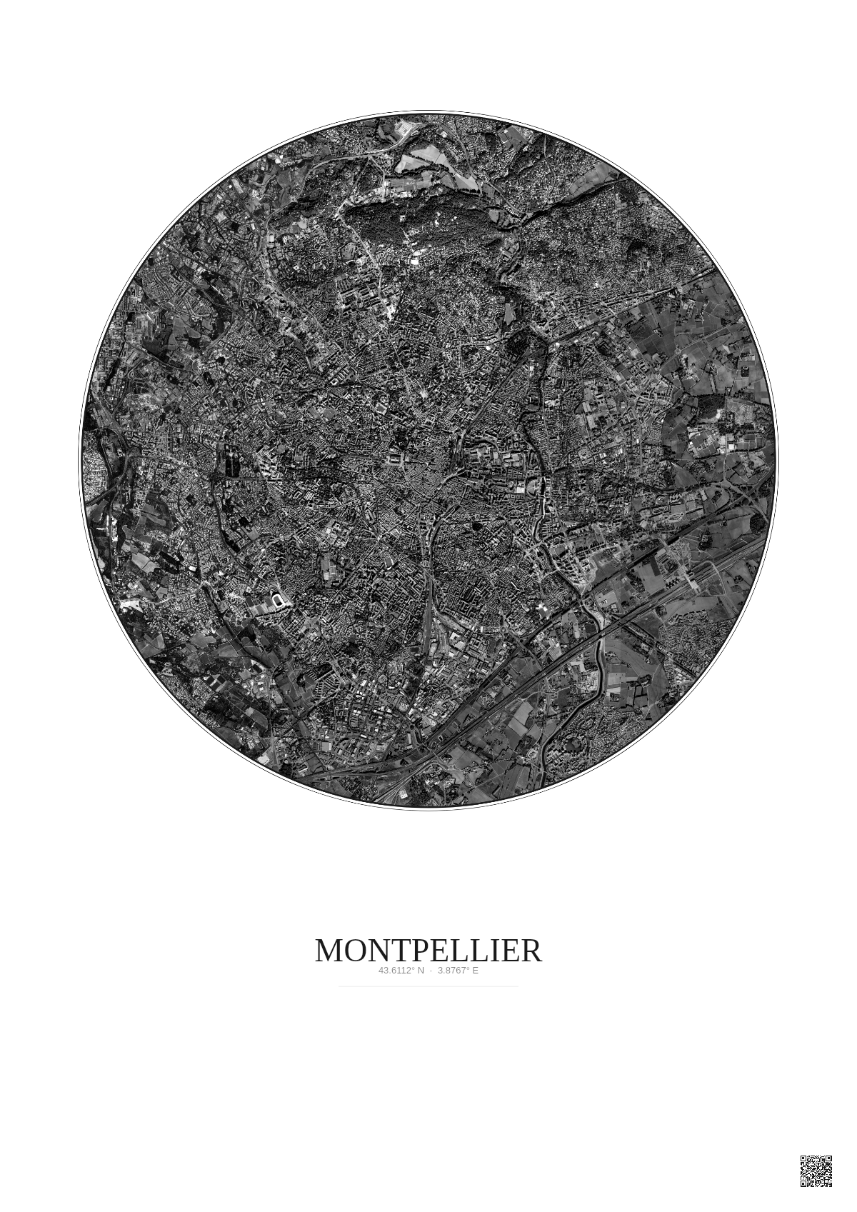 Affiche Montpellier – Poster vue satellite 5km N&B | Gravura – Fond clair