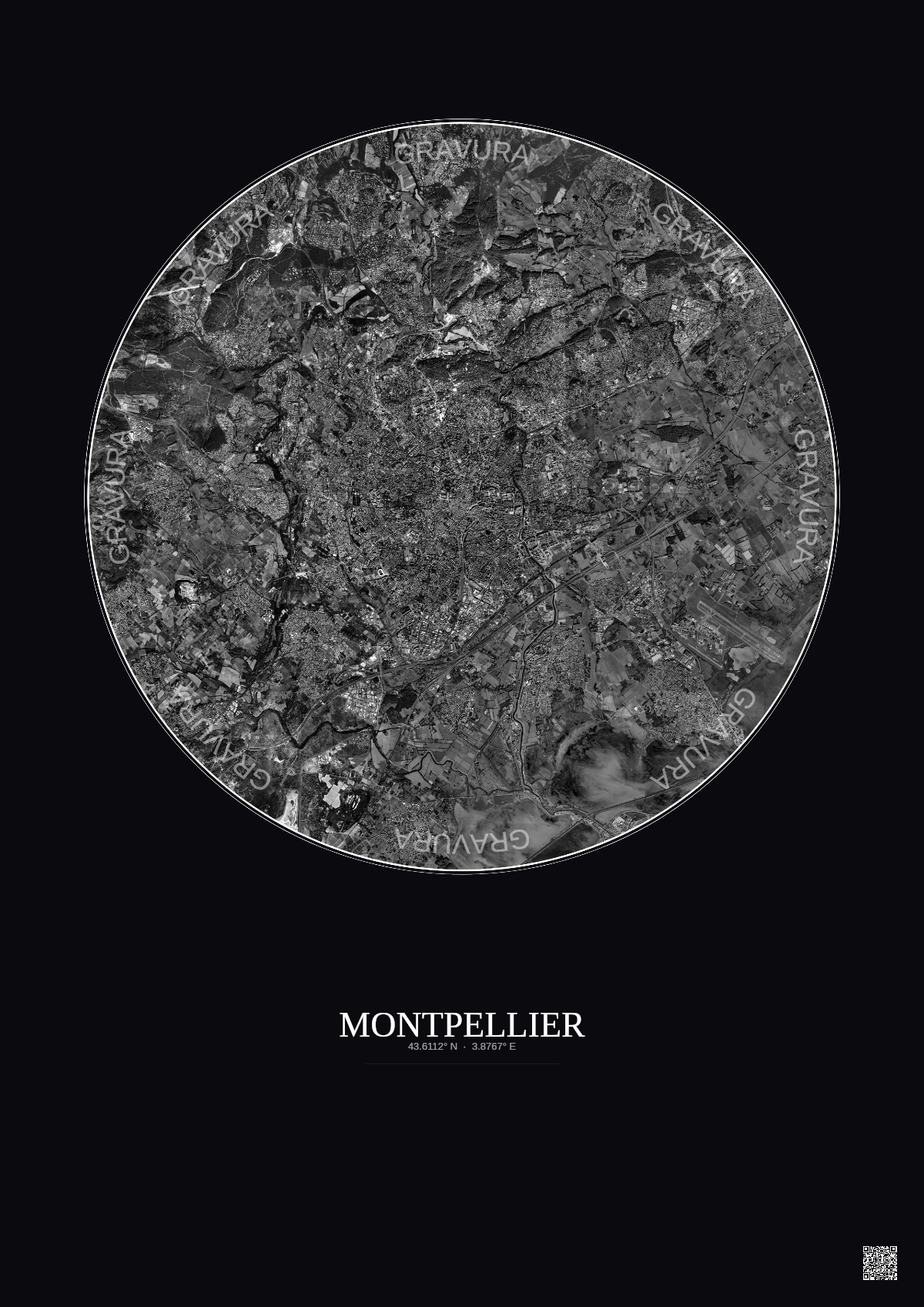 Affiche Montpellier – Poster vue satellite 10km N&B | Gravura – Fond foncé