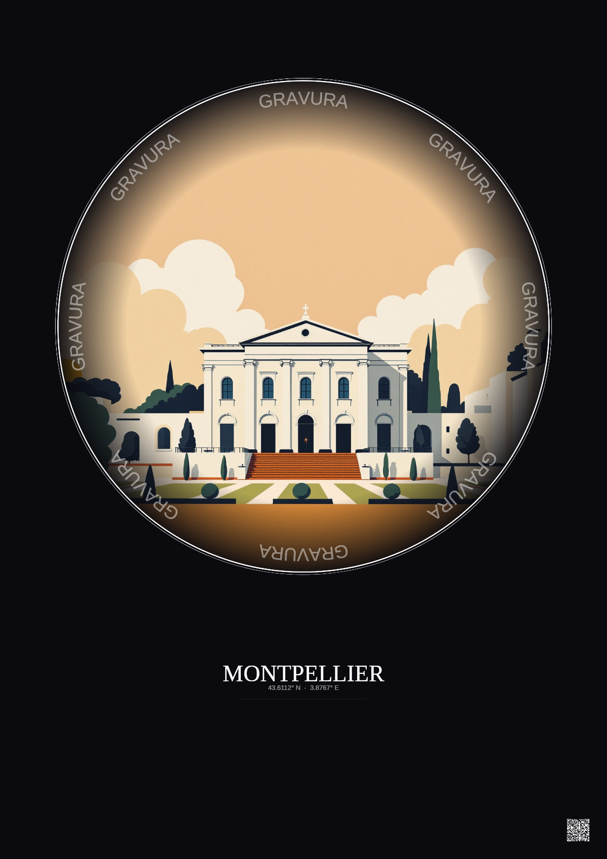 Affiche Montpellier – Poster illustration vintage – Musee Fabre | Gravura – Fond foncé