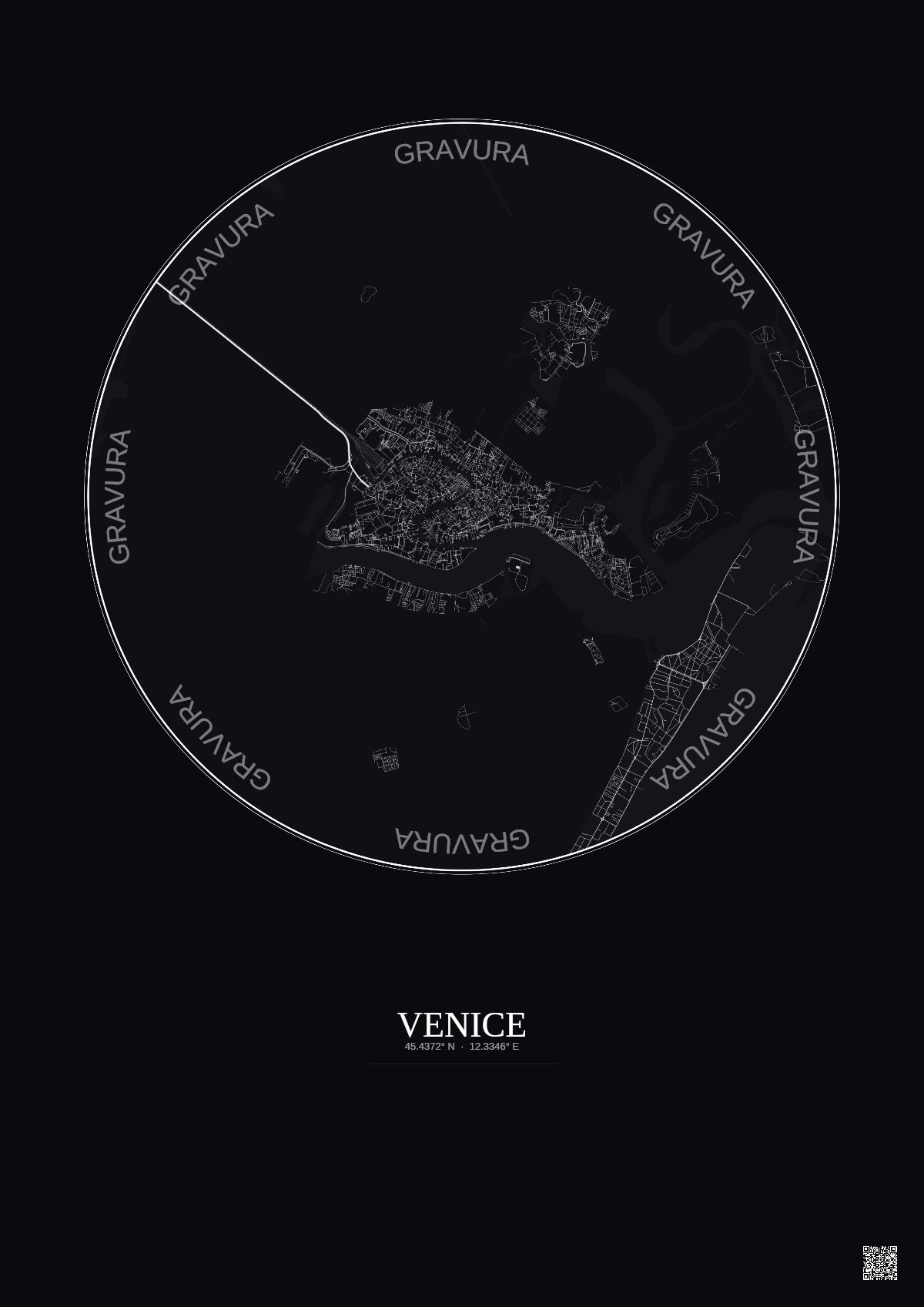 Affiche Venice – Poster carte de ville 5km | Gravura – Fond foncé
