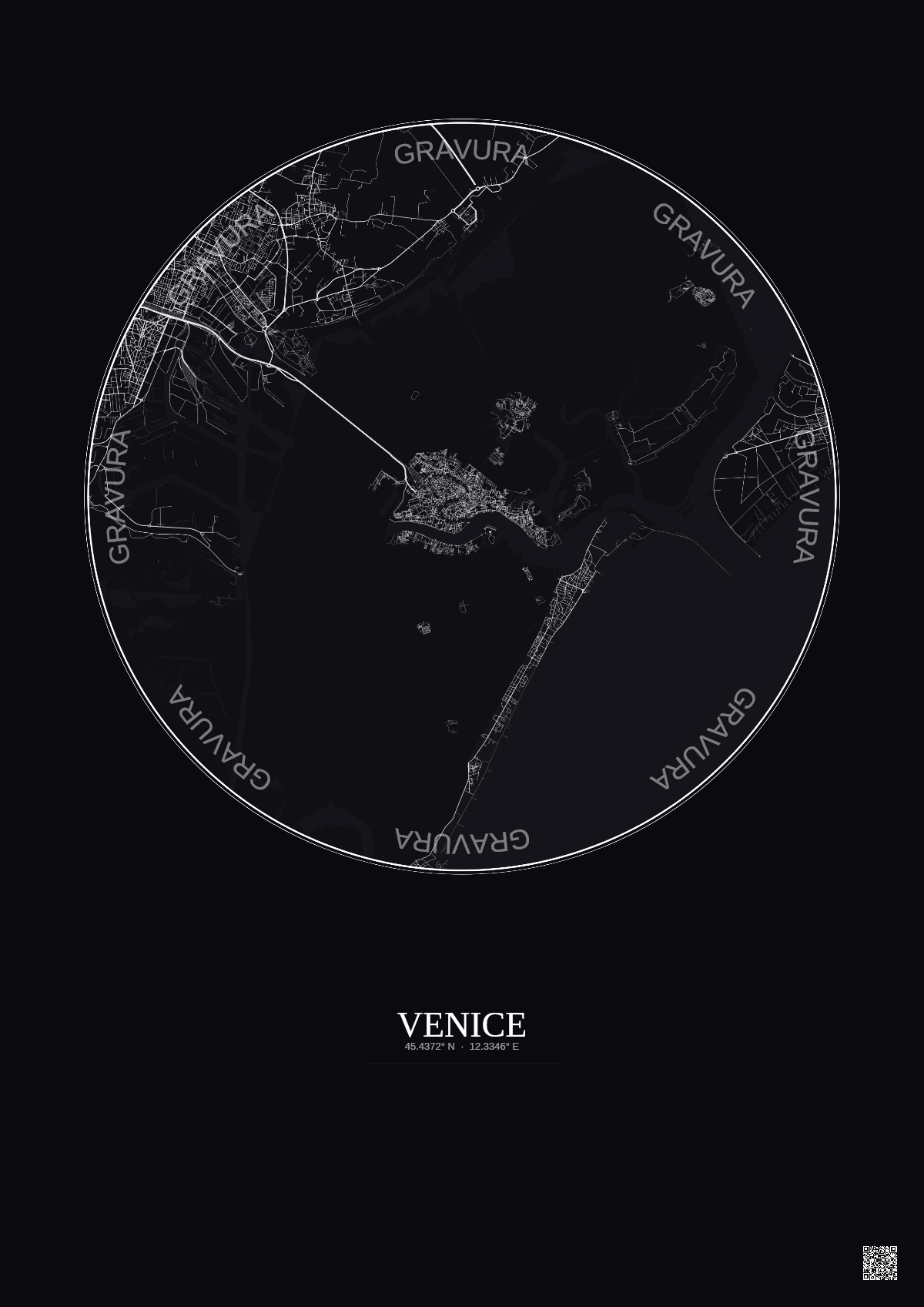 Affiche Venice – Poster carte de ville 10km | Gravura – Fond foncé