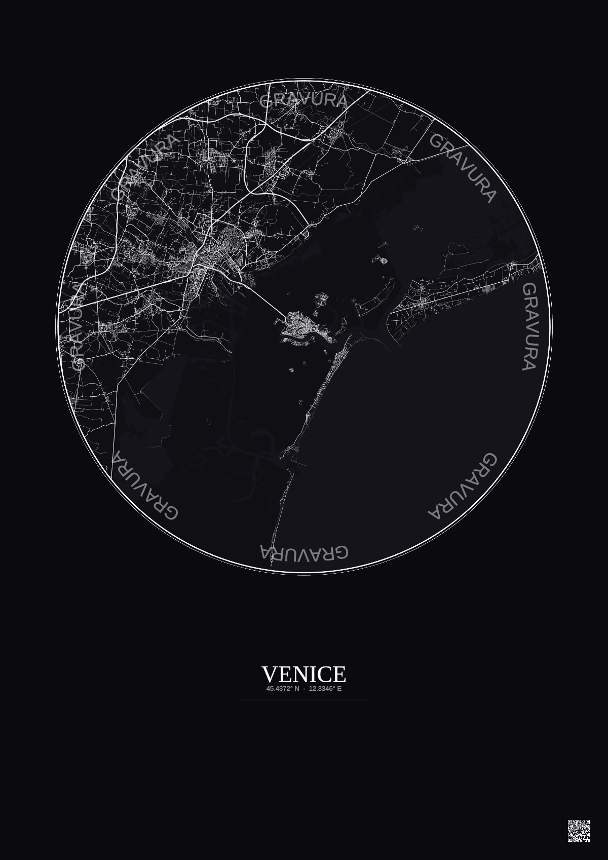 Affiche Venice – Poster carte de ville 20km | Gravura – Fond foncé