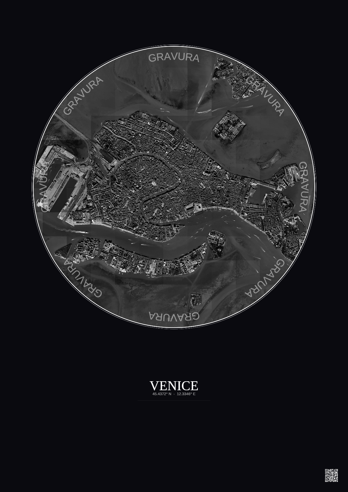 Affiche Venice – Poster vue satellite 2.5km N&B | Gravura – Fond foncé