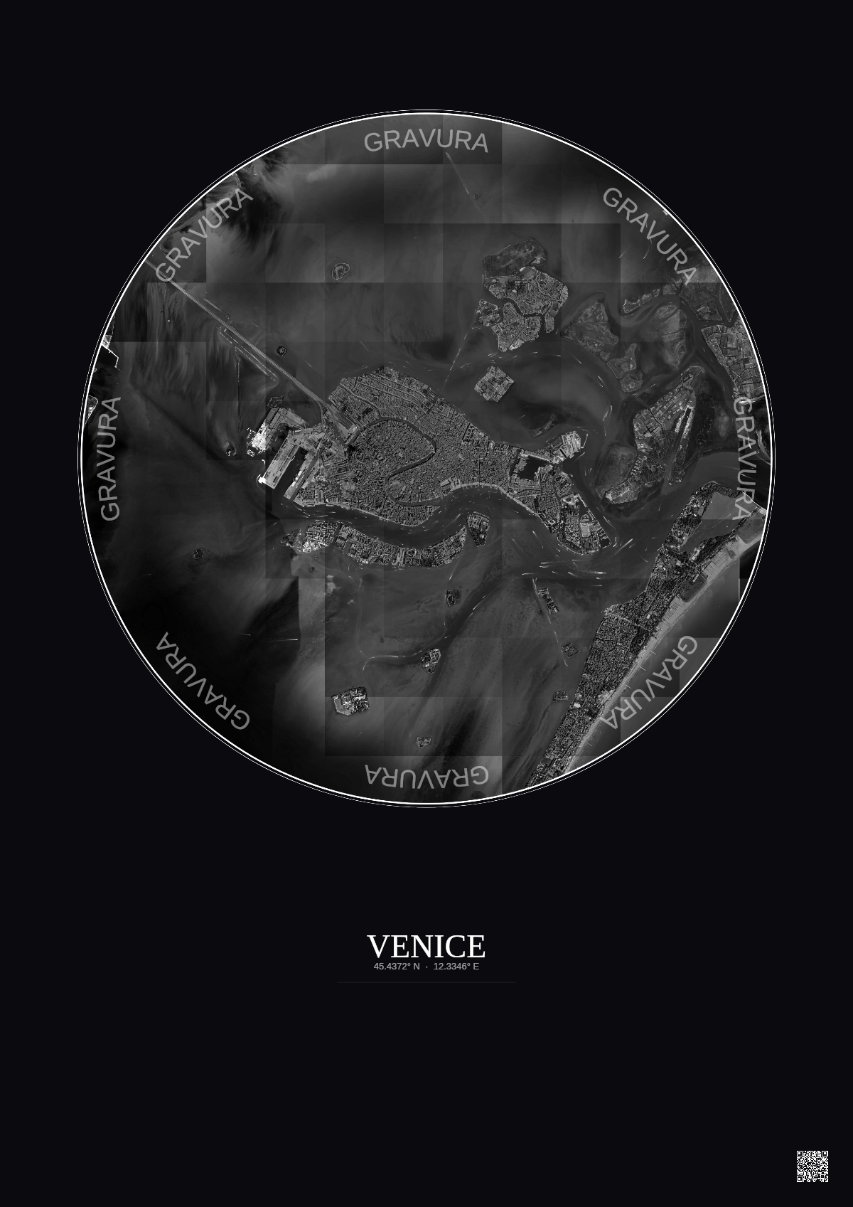 Affiche Venice – Poster vue satellite 5km N&B | Gravura – Fond foncé