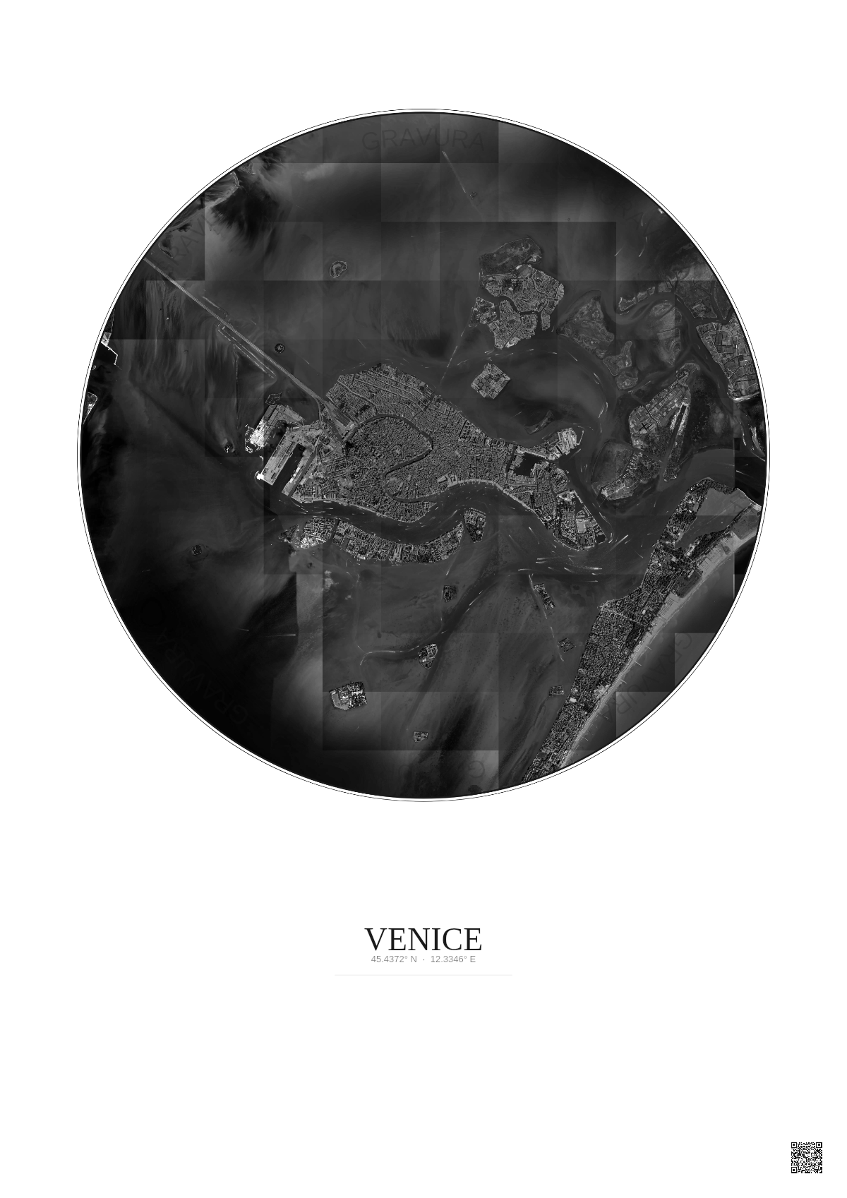 Affiche Venice – Poster vue satellite 5km N&B | Gravura – Fond clair