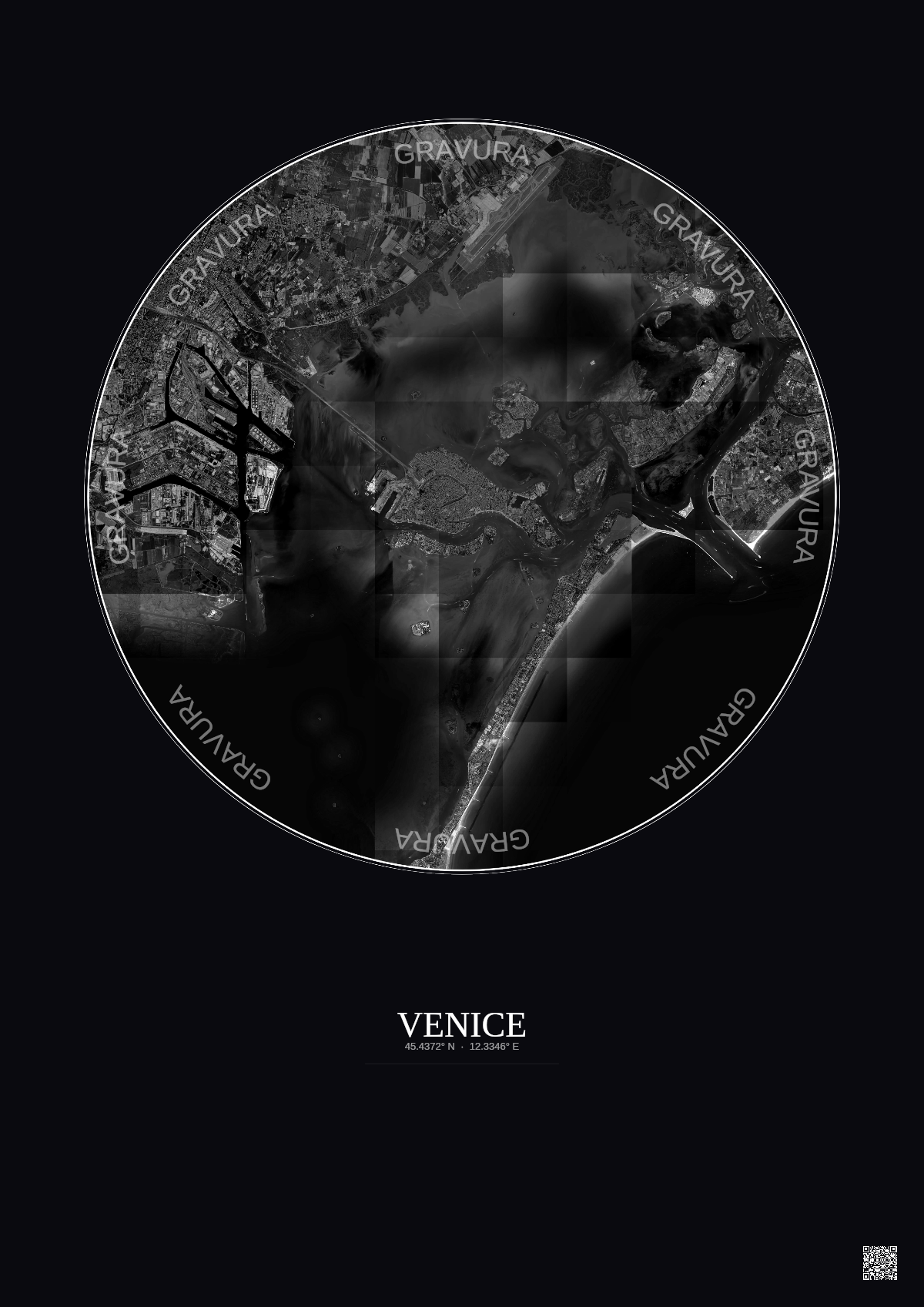 Affiche Venice – Poster vue satellite 10km N&B | Gravura – Fond foncé