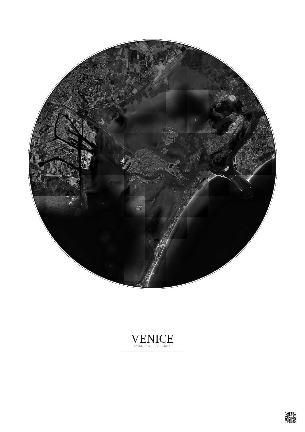 Affiche Venice – Poster vue satellite 10km N&B | Gravura – Fond clair
