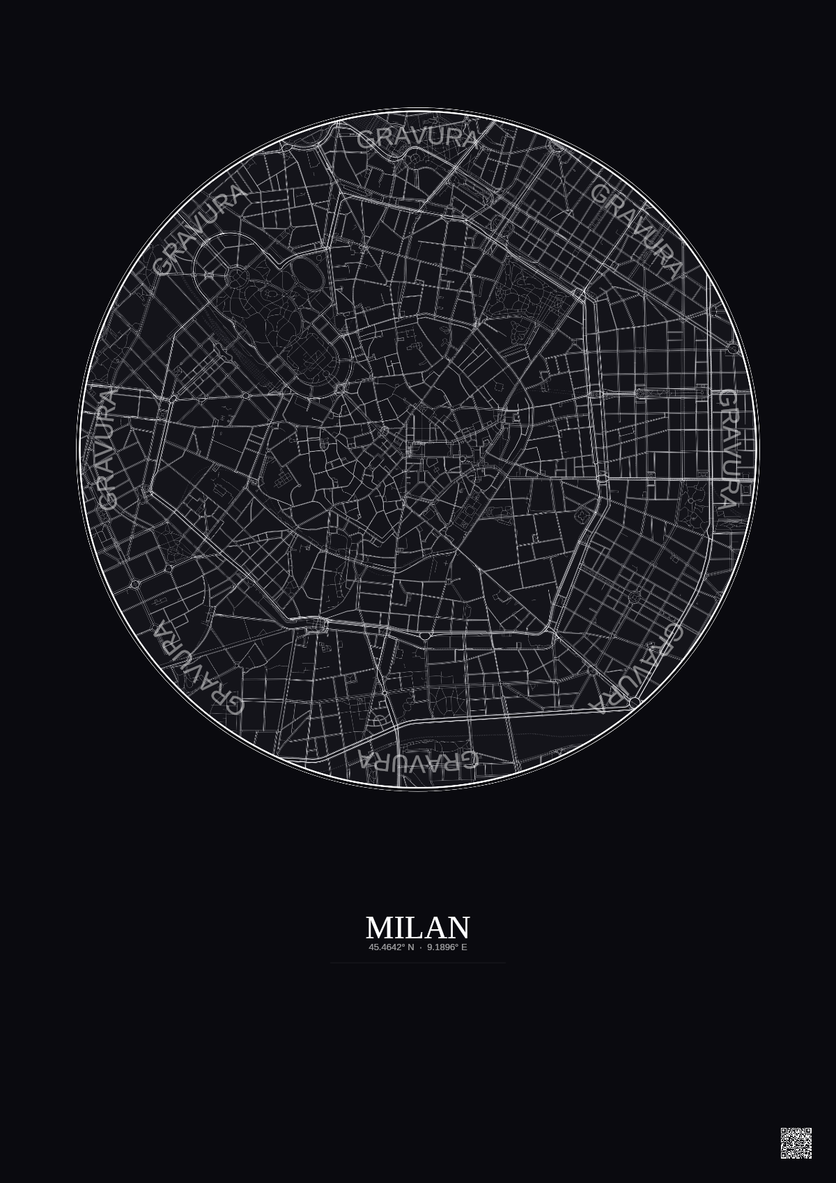 Affiche Milan – Poster carte de ville 2.5km | Gravura – Fond foncé
