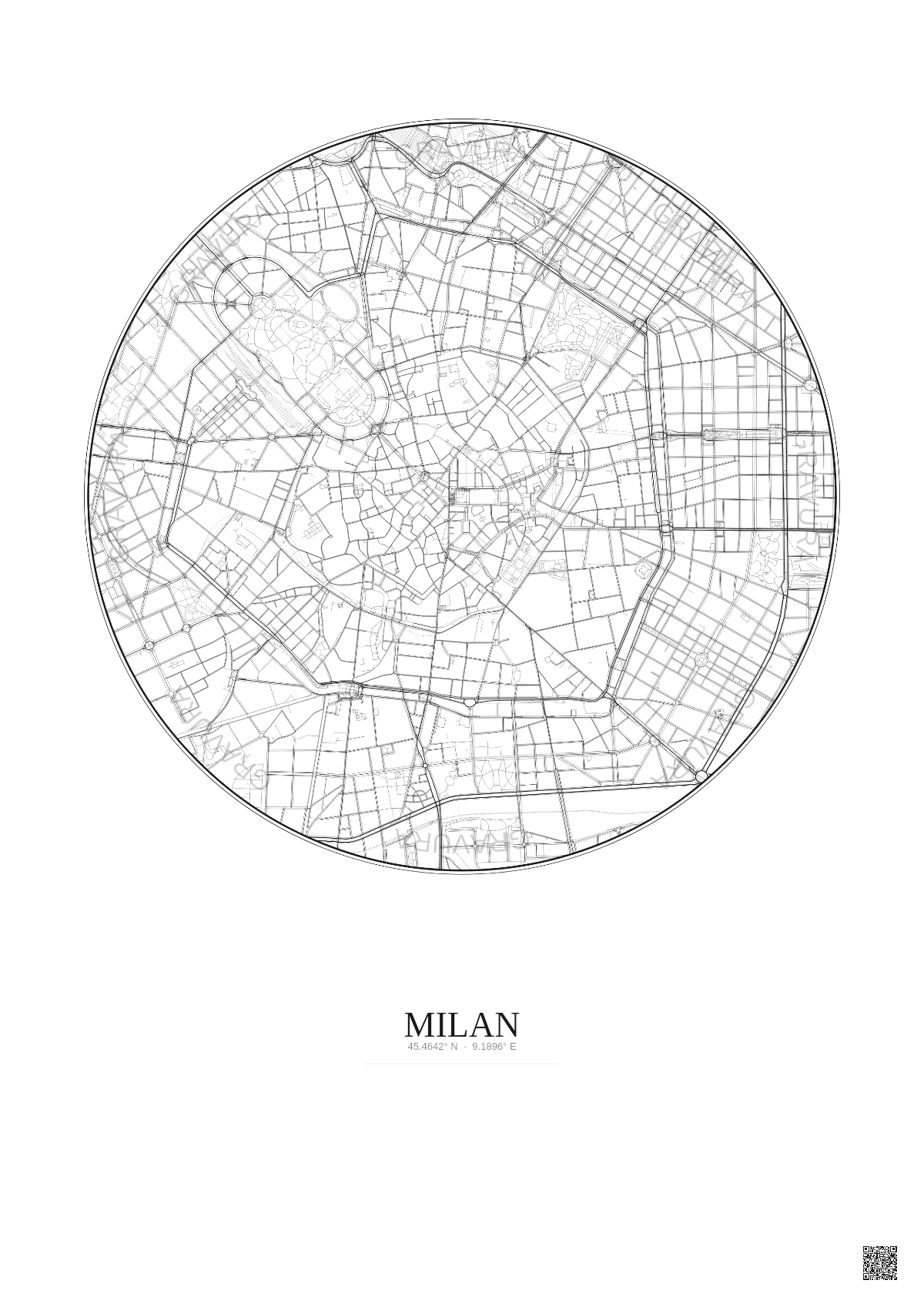 Affiche Milan – Poster carte de ville 2.5km | Gravura – Fond clair