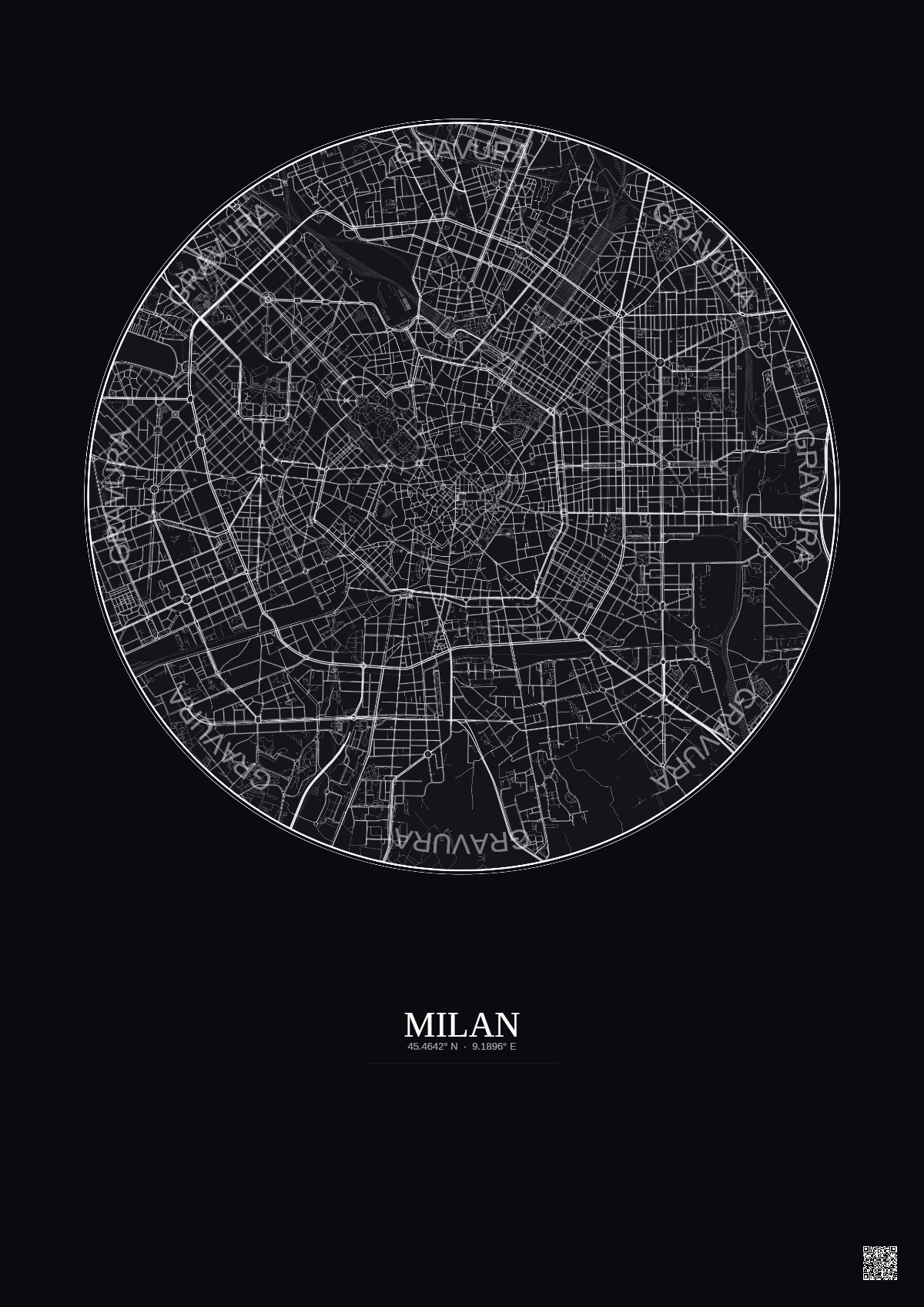 Affiche Milan – Poster carte de ville 5km | Gravura – Fond foncé