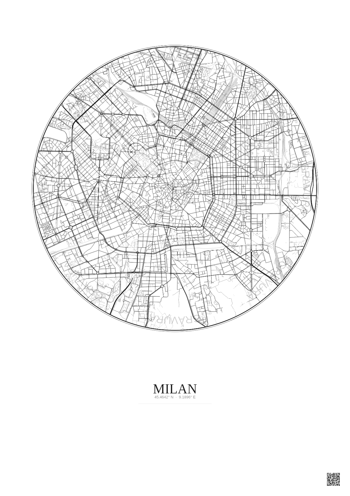 Affiche Milan – Poster carte de ville 5km | Gravura – Fond clair
