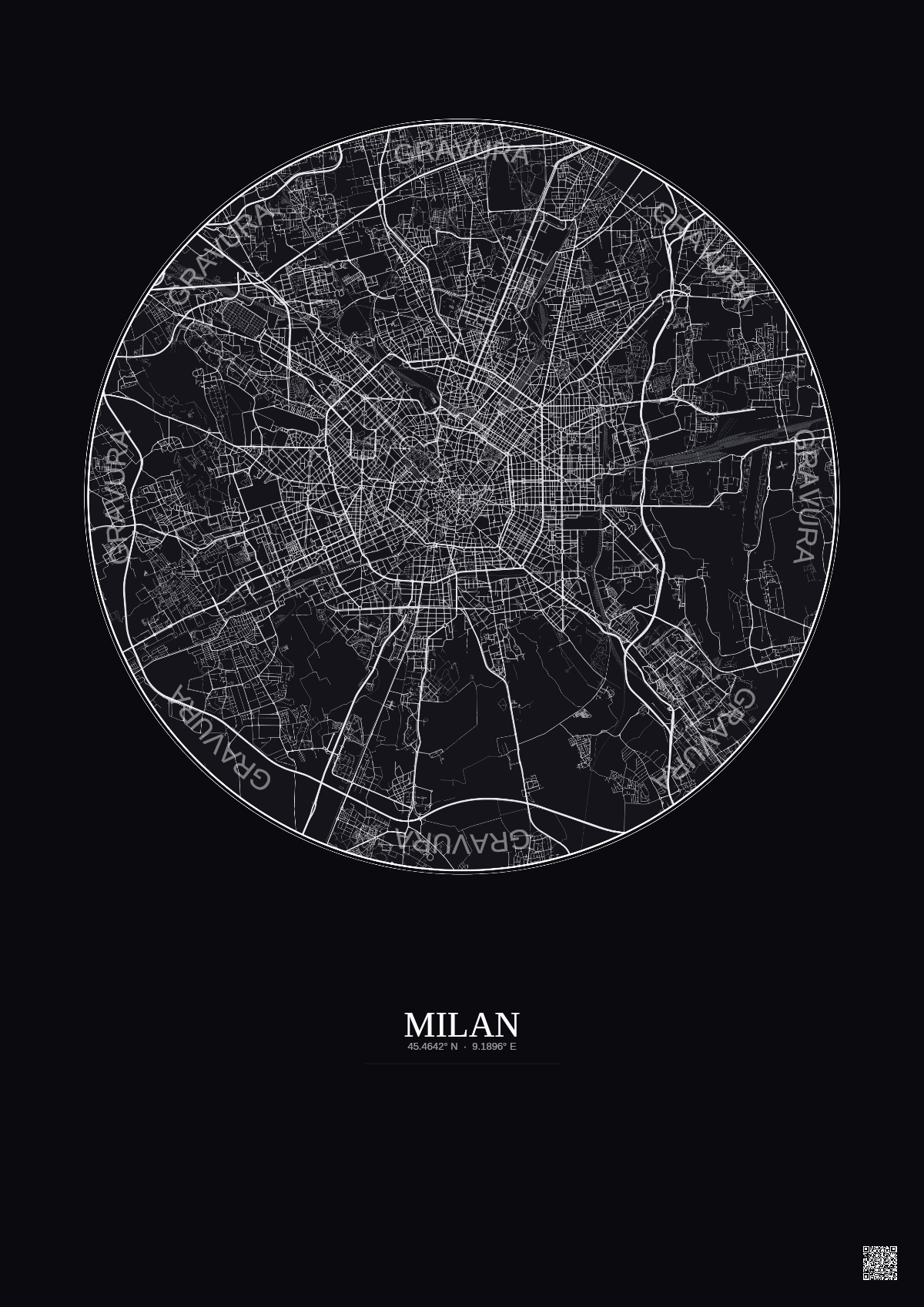Affiche Milan – Poster carte de ville 10km | Gravura – Fond foncé