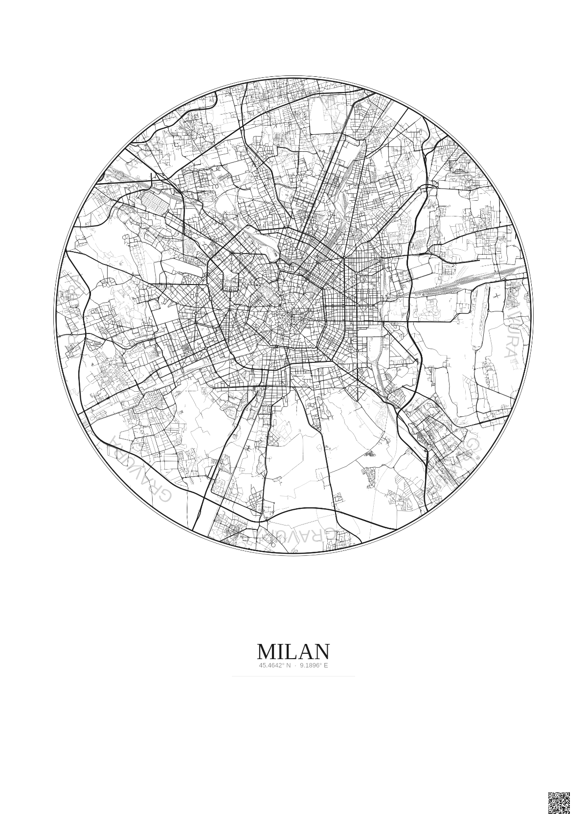 Affiche Milan – Poster carte de ville 10km | Gravura – Fond clair