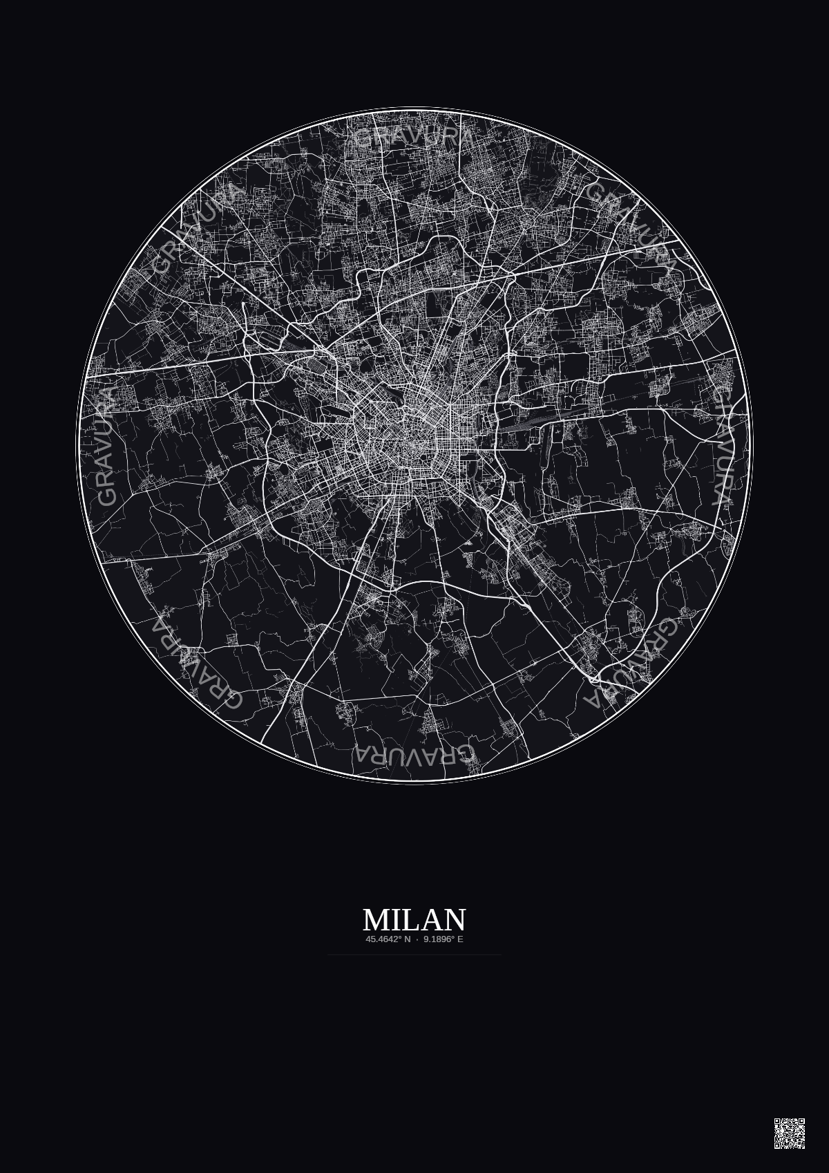 Affiche Milan – Poster carte de ville 20km | Gravura – Fond foncé
