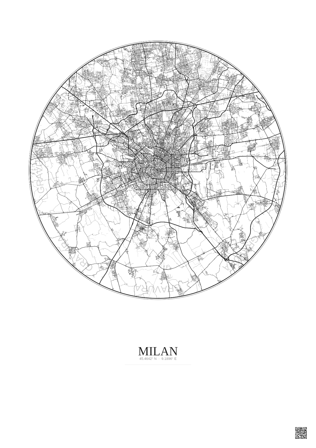 Affiche Milan – Poster carte de ville 20km | Gravura – Fond clair