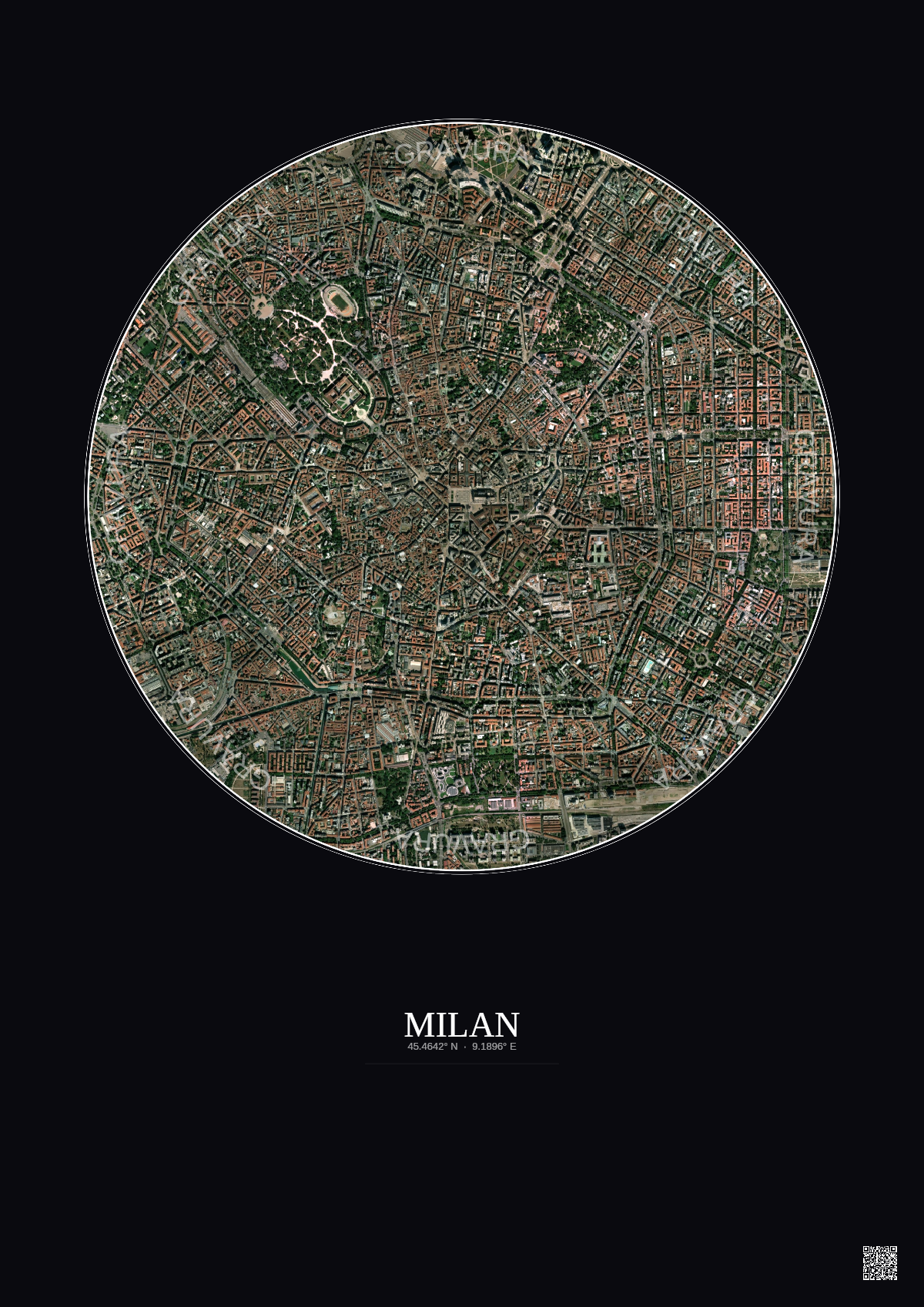 Affiche Milan – Poster vue satellite 2.5km Couleur | Gravura – Fond foncé
