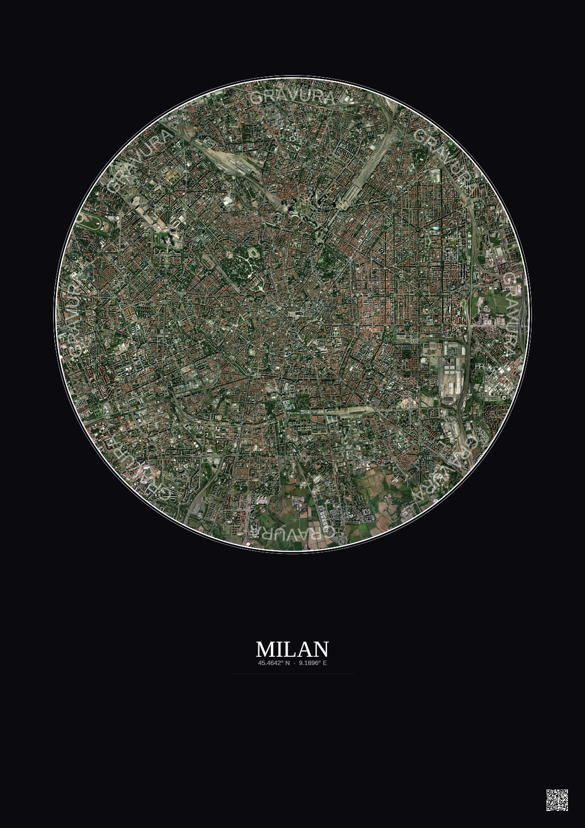 Affiche Milan – Poster vue satellite 5km Couleur | Gravura – Fond foncé