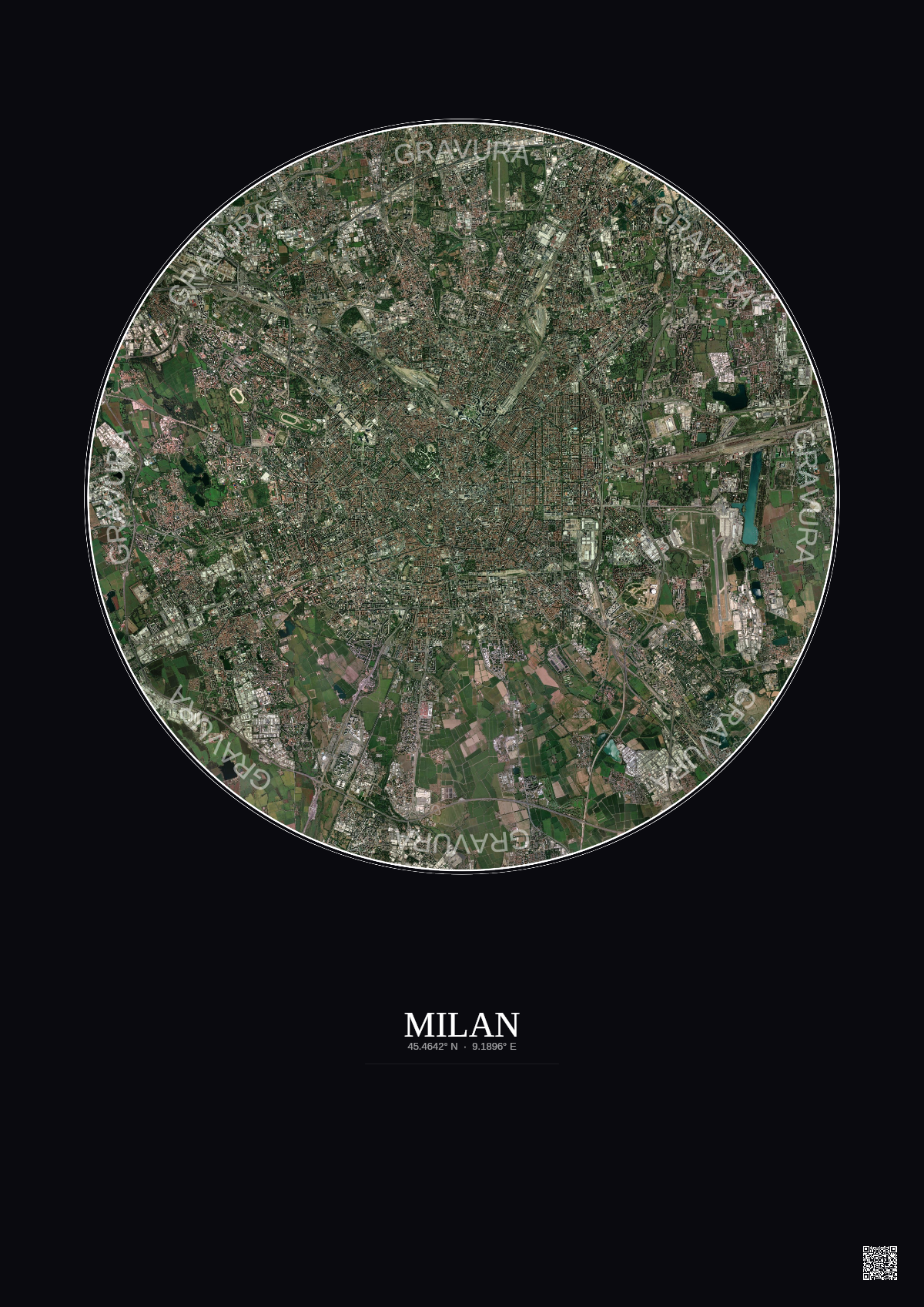 Affiche Milan – Poster vue satellite 10km Couleur | Gravura – Fond foncé