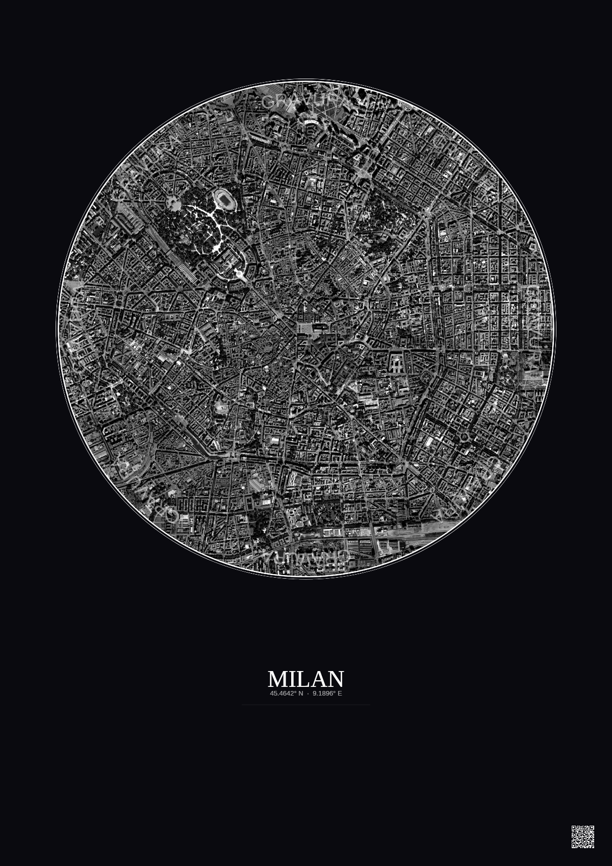 Affiche Milan – Poster vue satellite 2.5km N&B | Gravura – Fond foncé