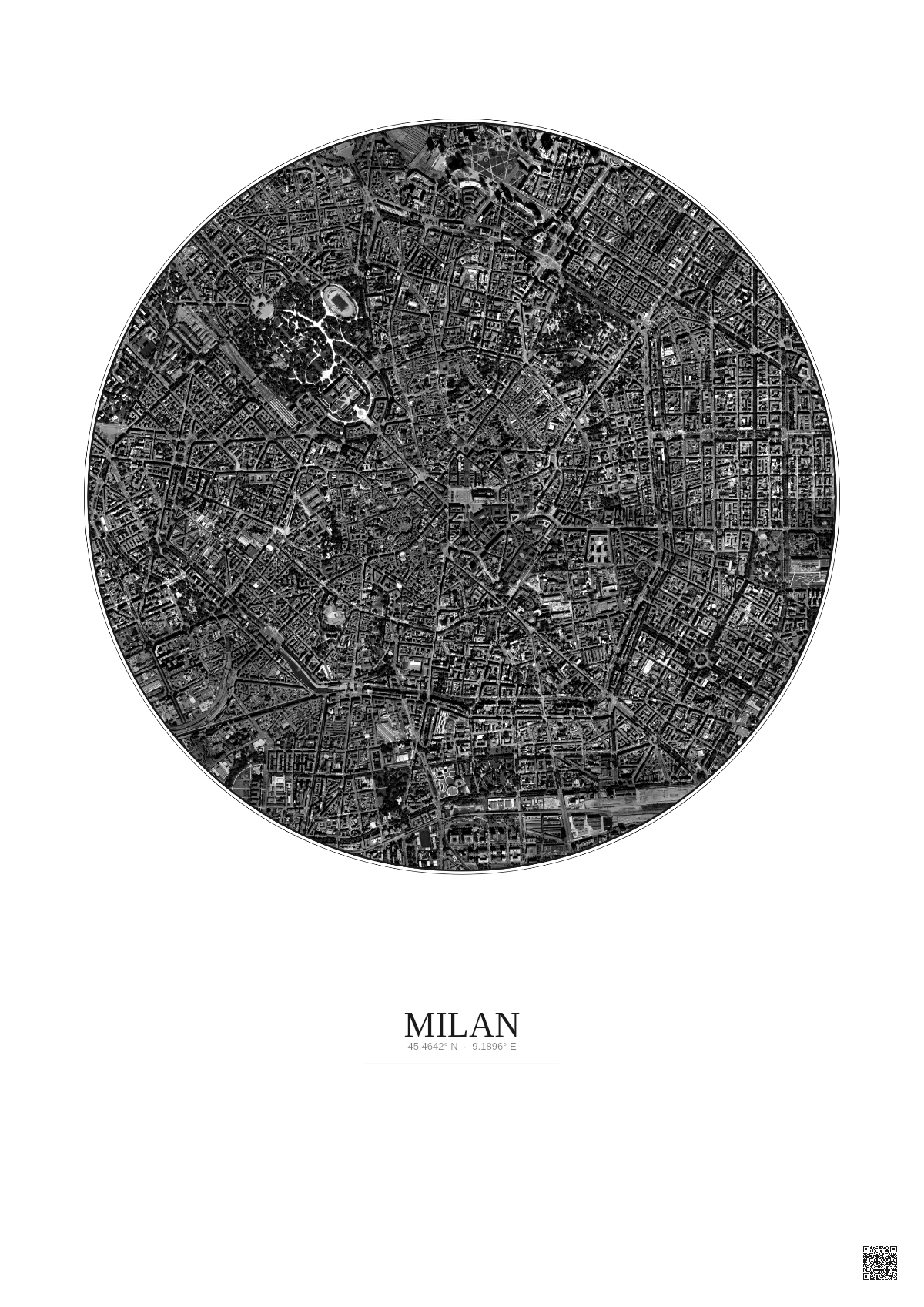Affiche Milan – Poster vue satellite 2.5km N&B | Gravura – Fond clair