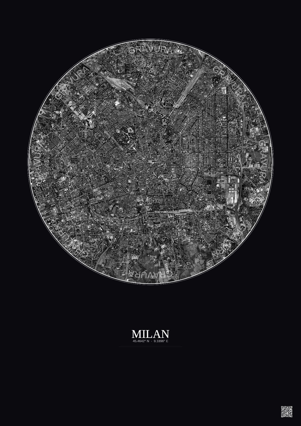 Affiche Milan – Poster vue satellite 5km N&B | Gravura – Fond foncé