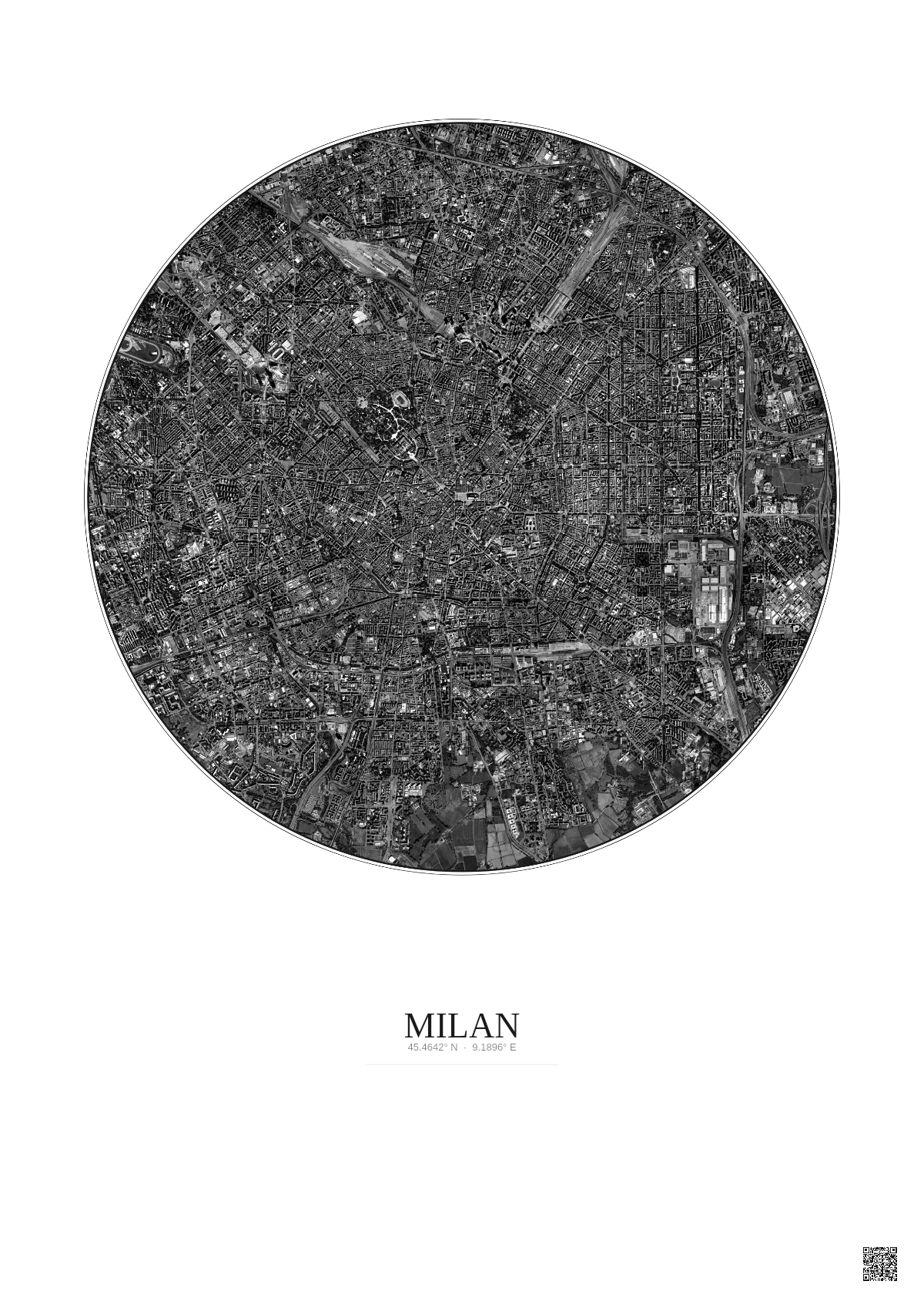 Affiche Milan – Poster vue satellite 5km N&B | Gravura – Fond clair