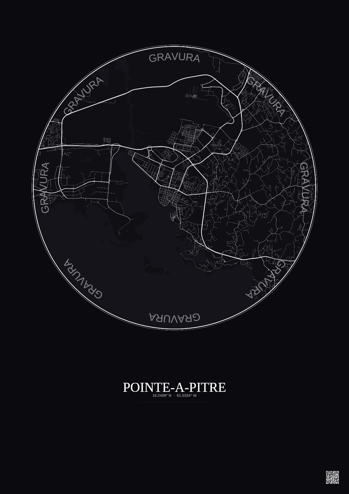 Affiche Pointe A Pitre – Poster carte de ville 5km | Gravura – Fond foncé