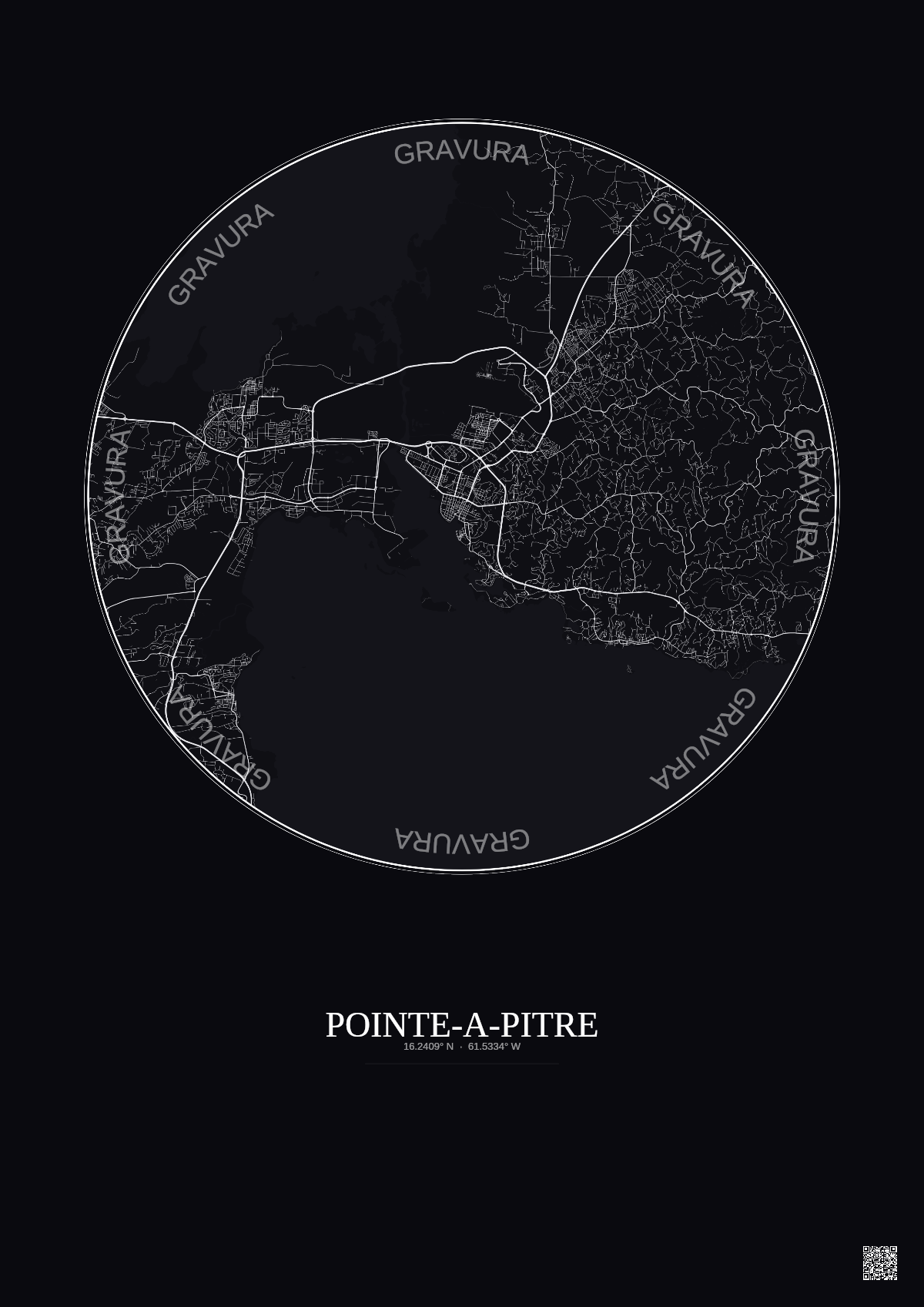 Affiche Pointe A Pitre – Poster carte de ville 10km | Gravura – Fond foncé