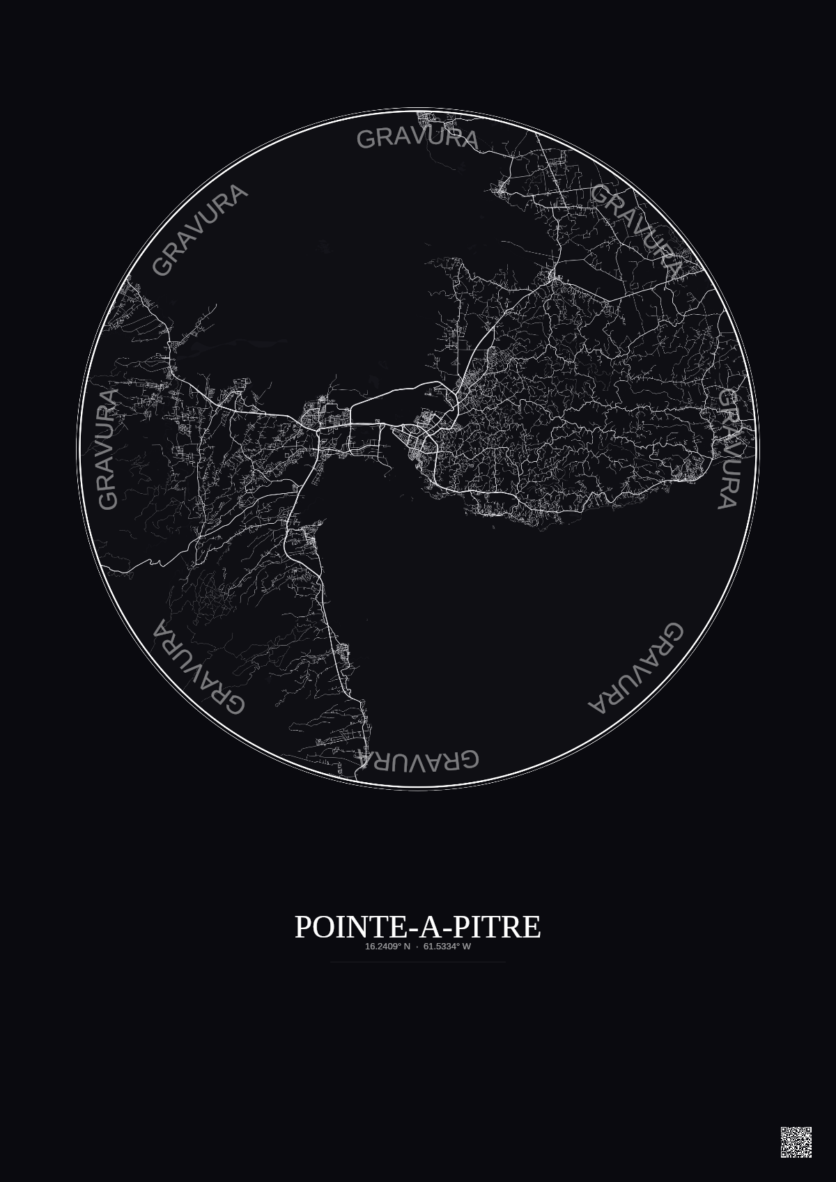 Affiche Pointe A Pitre – Poster carte de ville 20km | Gravura – Fond foncé