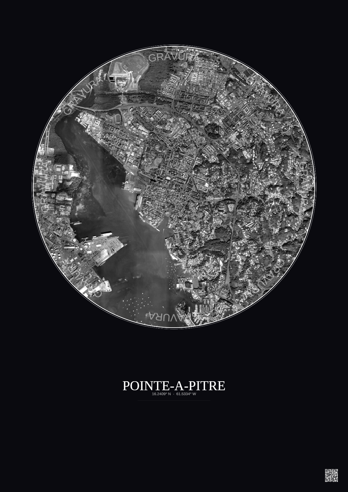 Affiche Pointe A Pitre – Poster vue satellite 2.5km N&B | Gravura – Fond foncé