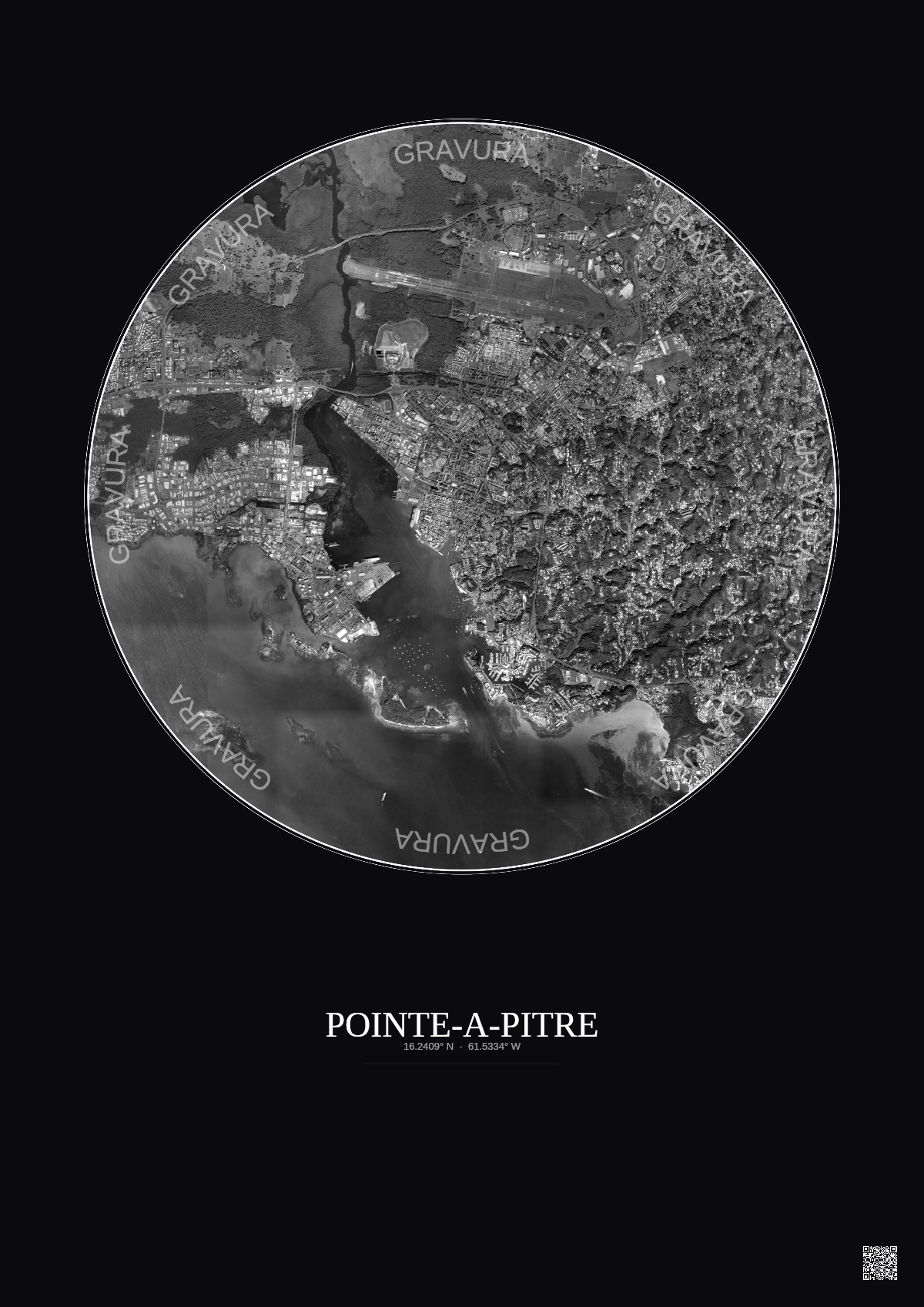 Affiche Pointe A Pitre – Poster vue satellite 5km N&B | Gravura – Fond foncé