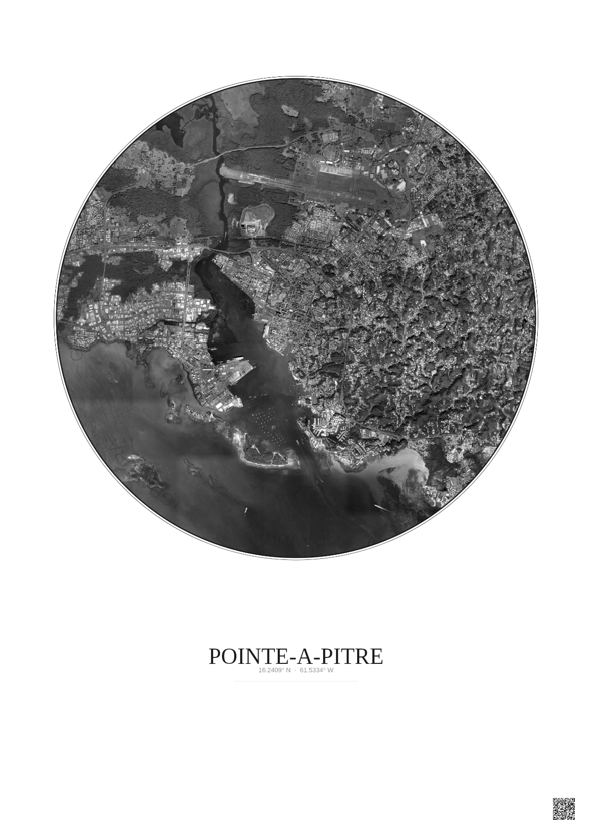 Affiche Pointe A Pitre – Poster vue satellite 5km N&B | Gravura – Fond clair